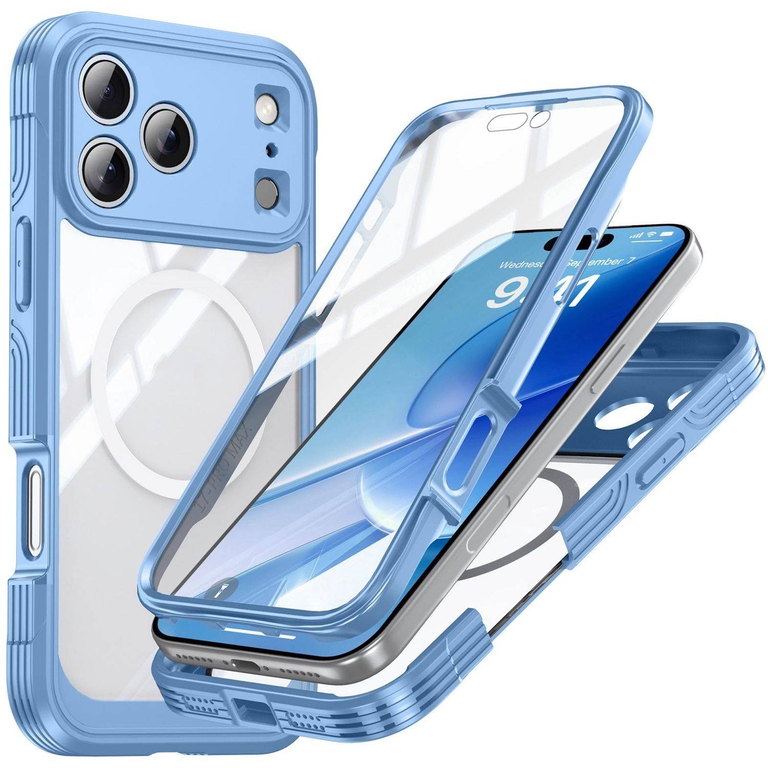 Blaue transparente stoßfeste Handyhülle in Explosionszeichnung dargestellt, mit Kameraausschnitten und erhöhten Schutzrändern für ein Smartphone.