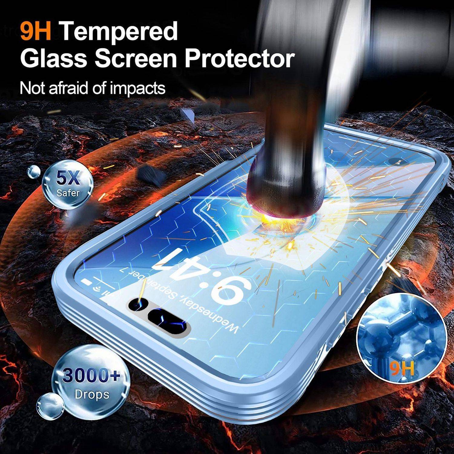 Werbebild eines 9H gehärteten Glasbildschirmschützers auf einem Smartphone, das mit einem Hammer geschlagen wird, mit Text, der „5X sicherer