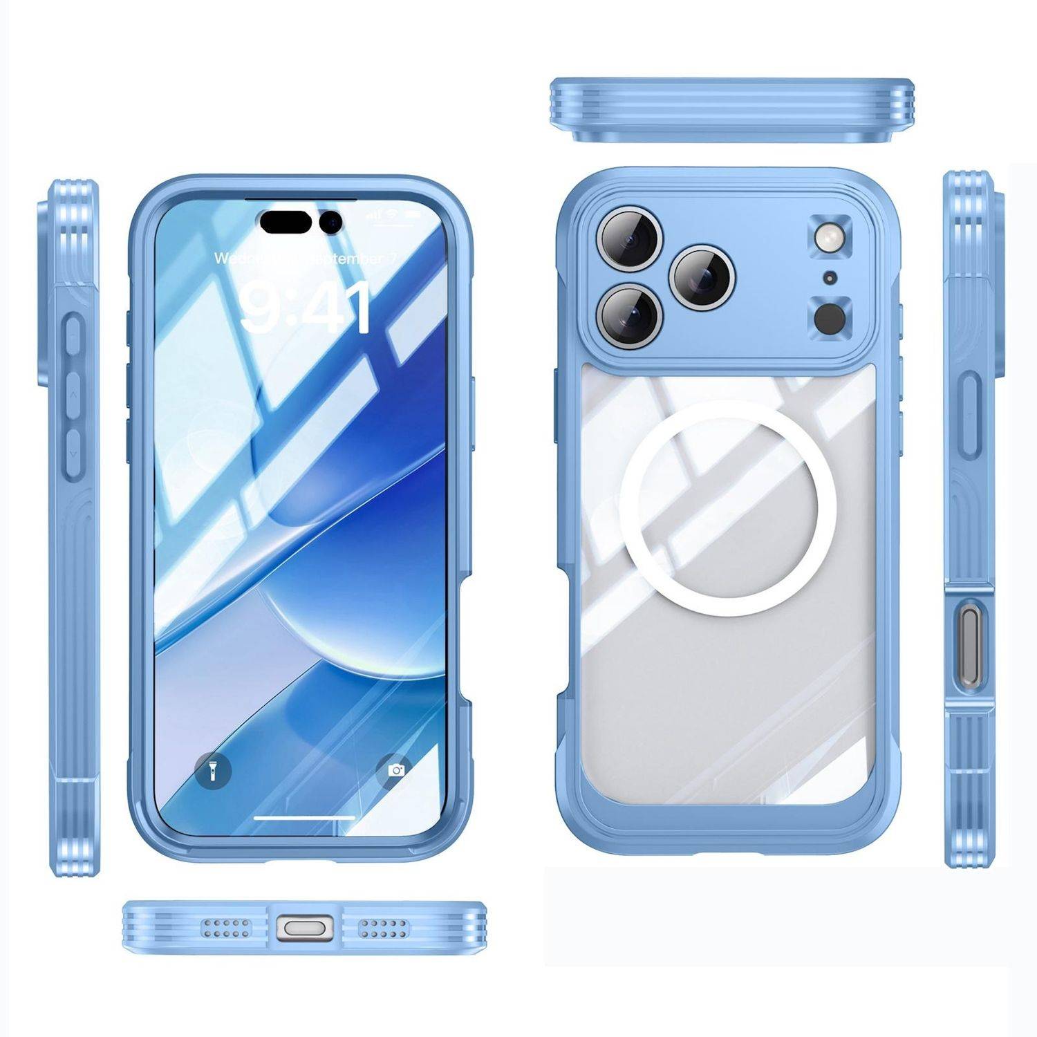 Hellblaue Smartphone-Hülle von vorne und hinten gezeigt, mit erhöhtem Kamerasystem-Schutz, MagSafe-Ring und Seiten- und Unteransichten des Stoßfänger-Designs.