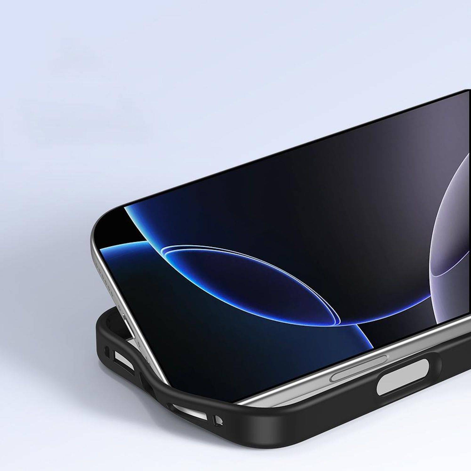 Nahaufnahme eines Smartphones in einer schwarzen Schutzhülle, in einem Winkel auf hellem Hintergrund dargestellt.