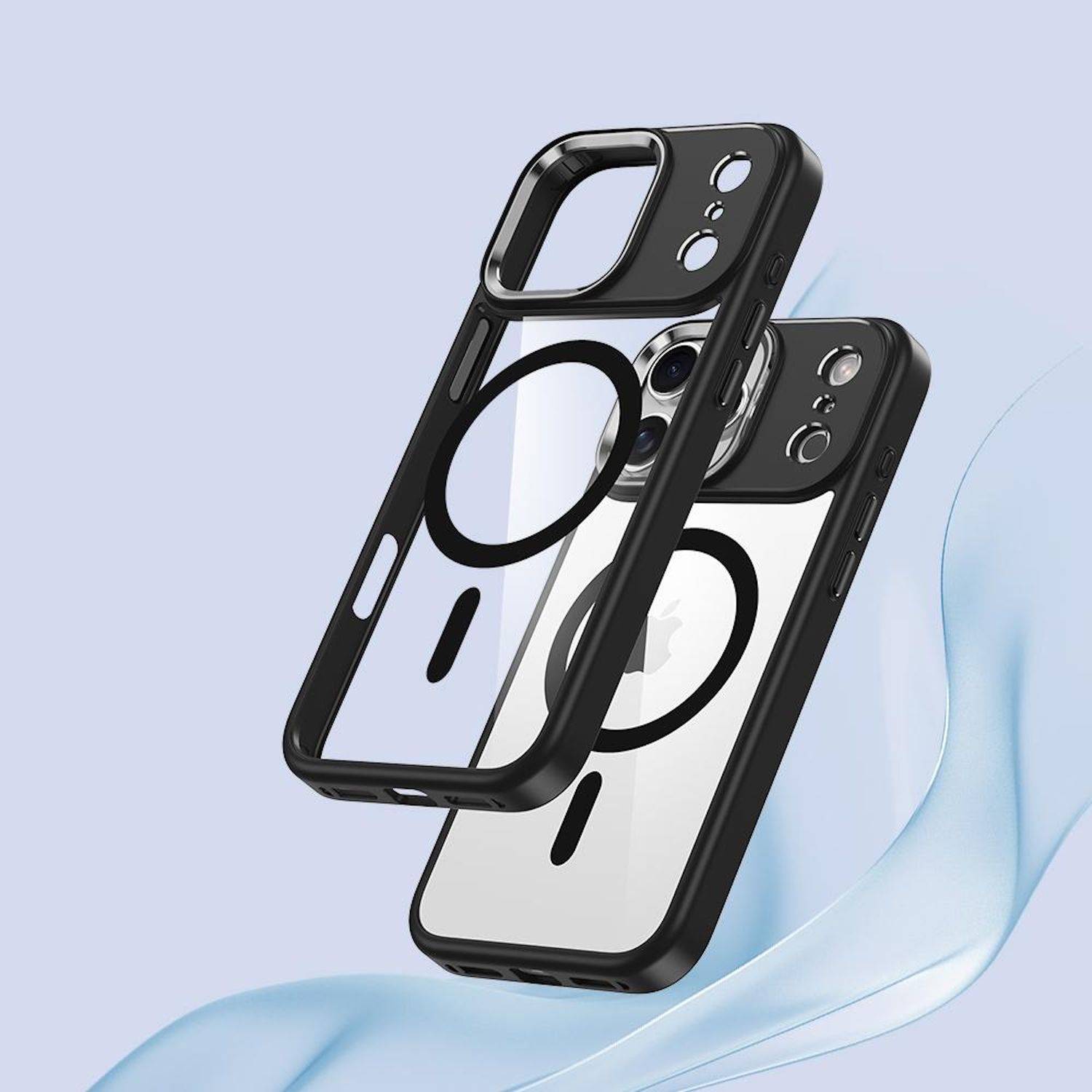 Zwei schwarze Smartphone-Hüllen, eine transparente und eine undurchsichtige, übereinander angeordnet mit großen Kameraausschnitten und MagSafe-ähnlichem Ringdesign.