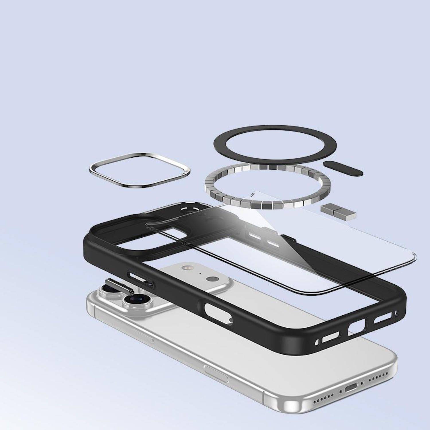 Explodierte Darstellung eines Smartphone-Hüllenzubehörs, das das Telefon, die Schutzhülle, den Displayschutz, den Ringhalter und kleine Montageteile zeigt, die über dem Gerät angeordnet sind.