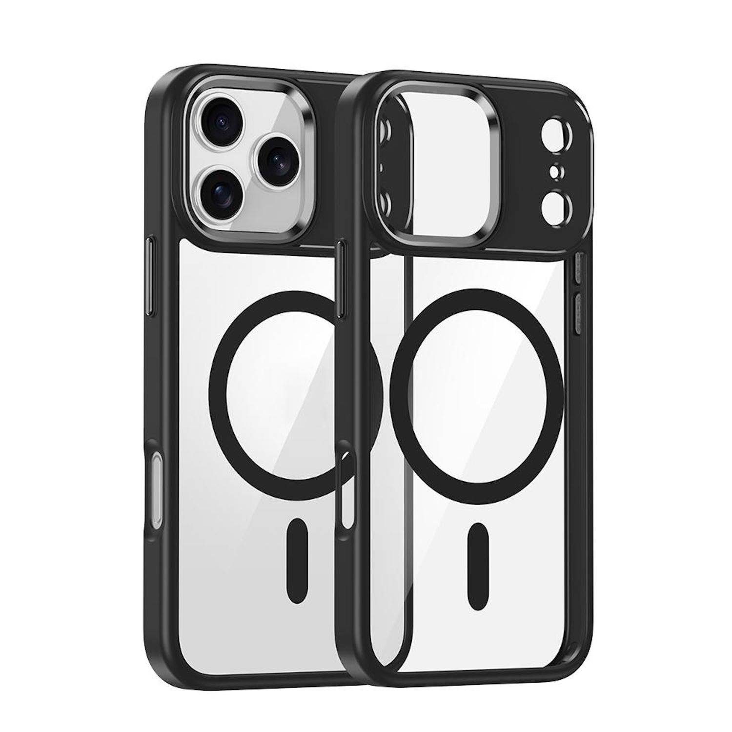Zwei schwarze Smartphone-Hüllen von vorne und hinten gezeigt, mit transparenten Rückseiten, kreisförmigen MagSafe-ähnlichen Ringen und Aussparungen für Kameras und Tasten.