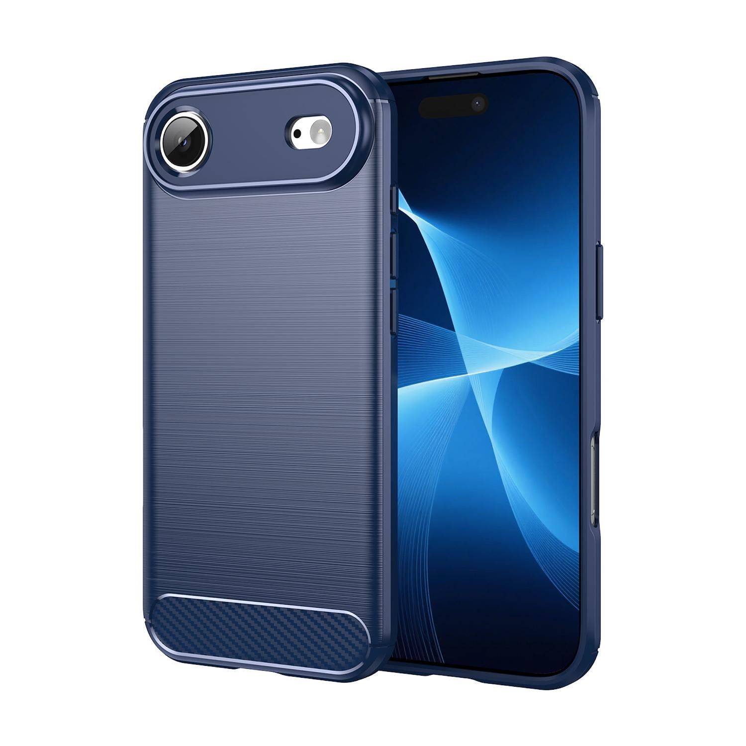 Blaue Smartphone-Hülle mit erhöhtem Kameraschutzer und Akzenten im Carbon-Fiber-Stil mit Textur, shown auf einem Telefon vor weißem Hintergrund.