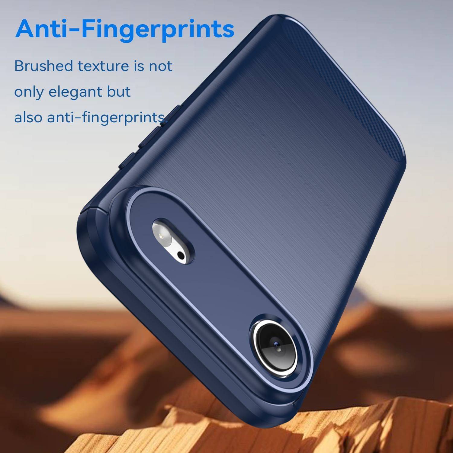 Blauer Smartphone-Schutzcase mit gebürsteter Textur, hervorgehoben als schmutzabweisend, gezeigt mit dualen Kameraaussparungen vor einem wüstenähnlichen Hintergrund.