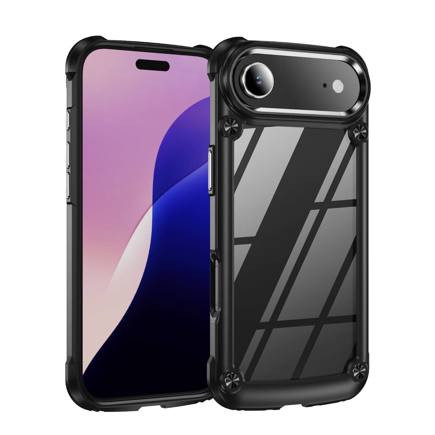Zwei schwarze robuste Smartphone-Hüllen, von vorne und hinten gezeigt, mit transparentem Rückpanel und erhöhtem Kameraschutz.