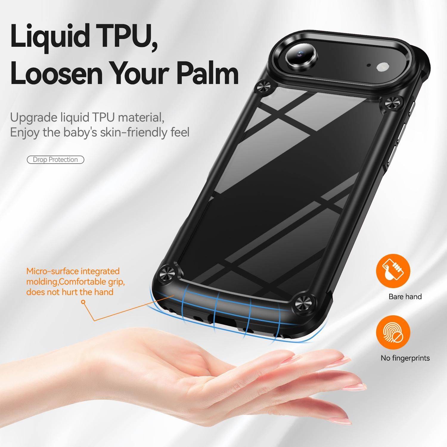 Anzeige für ein schwarzes flüssiges TPU-Handyhülle, die über einer Hand schwebt, mit der Bewerbung „Liquid TPU, Lockern Sie Ihre Handfläche