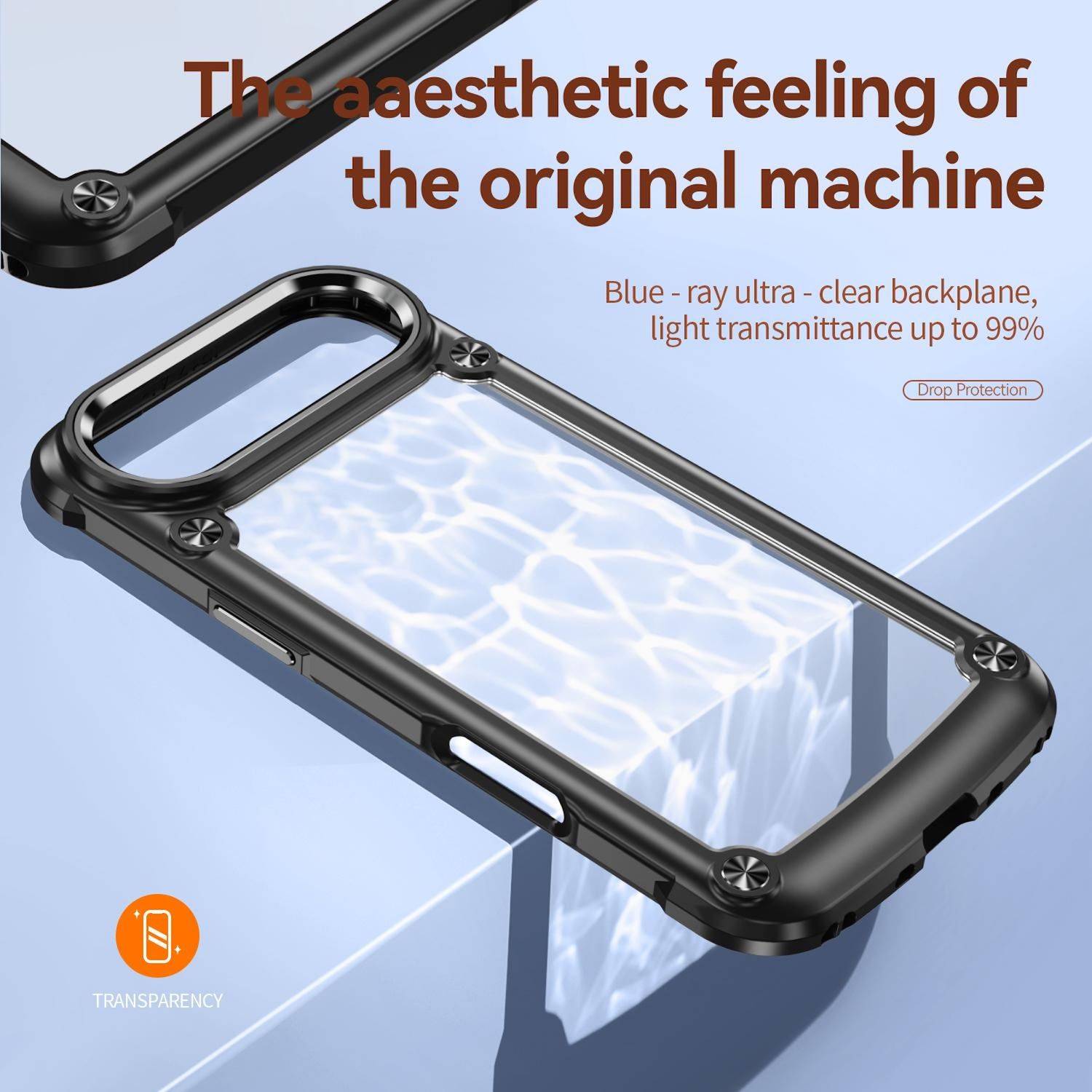 Werbebild einer schwarzen Handyhülle mit durchsichtiger Rückseite, die Transparenz und Fallschutz hervorhebt; der Text besagt „Das ästhetische Gefühl der Originalmaschine