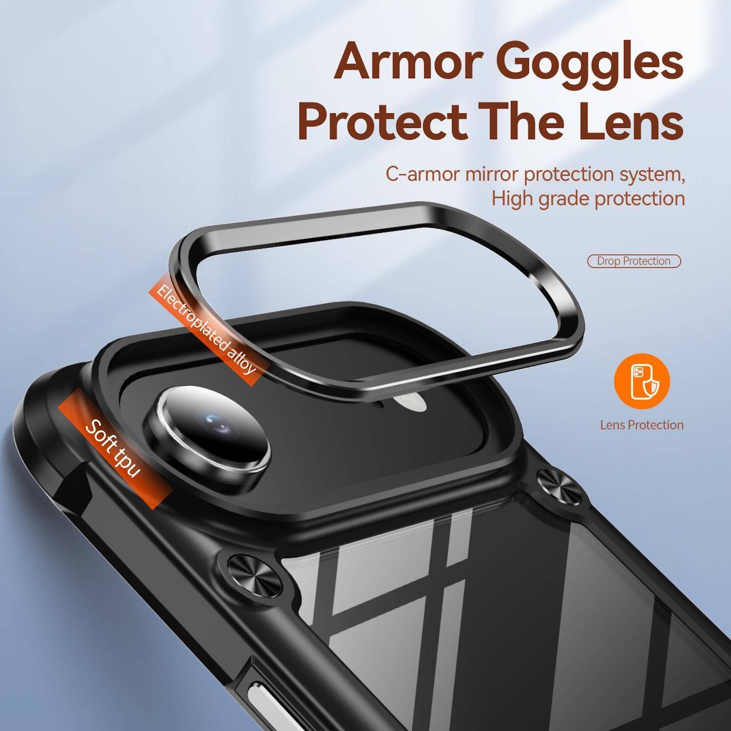 Werbegrafik einer Smartphone-Hülle mit erhöhtem Metalllinsen-Schutz, mit den Aufschriften „Armor Goggles Protect The Lens