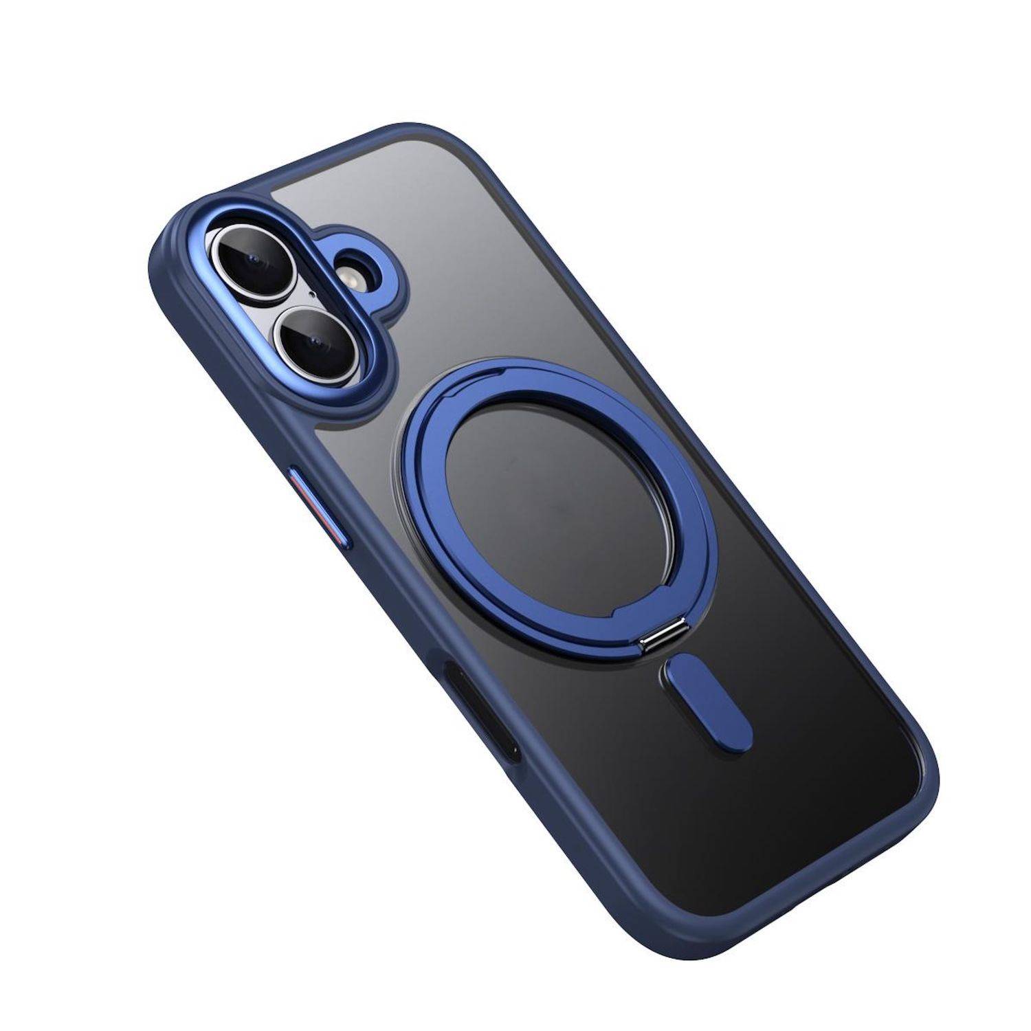 Blaueres und schwarzes Smartphone-Etui mit integriertem MagSafe-ähnlichem Ring-Ständer und erhöhtem Dual-Kamera-Schutz.