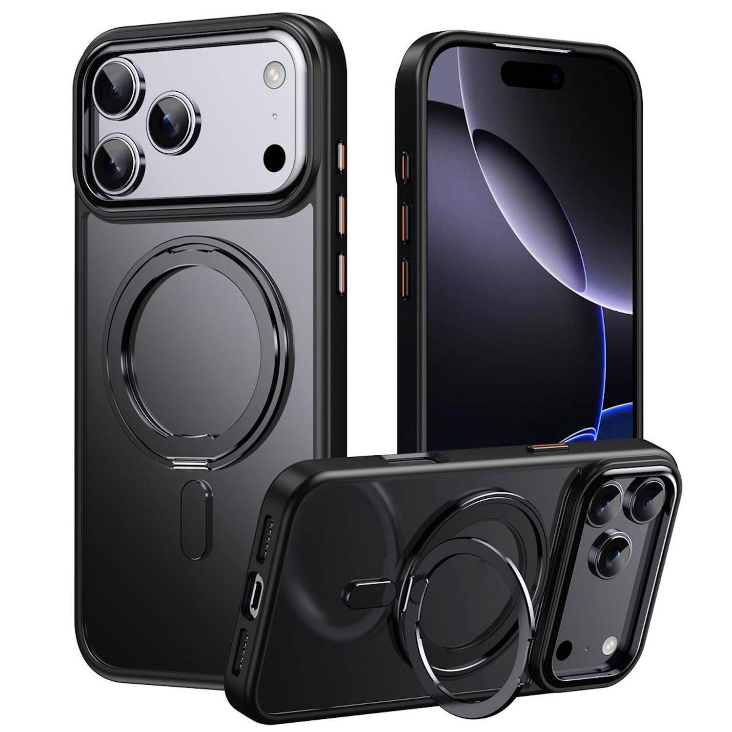 Schwarze iPhone-Hüllen mit integriertem MagSafe-Ring und Ständer, dargestellt in drei Telefonansichten einschließlich des vorderen Bildschirms und der Kameraausschnitte.