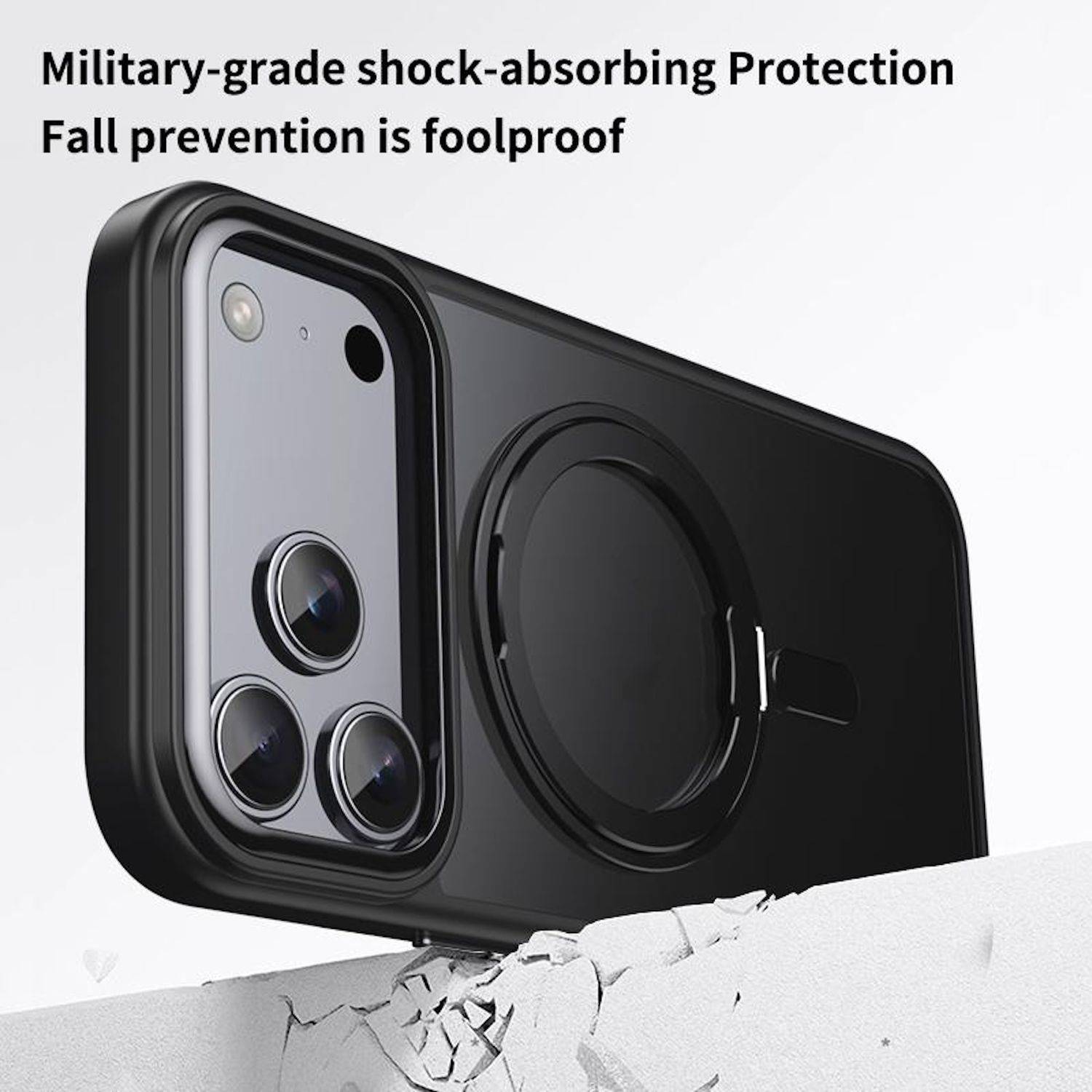 Schwarze stoßdämpfende Handyhülle mit Kamera und MagSafe-Ring, die ein Telefon vor Stößen schützt; der Text lautet „Militärischer Stoßdämpfungsschutz