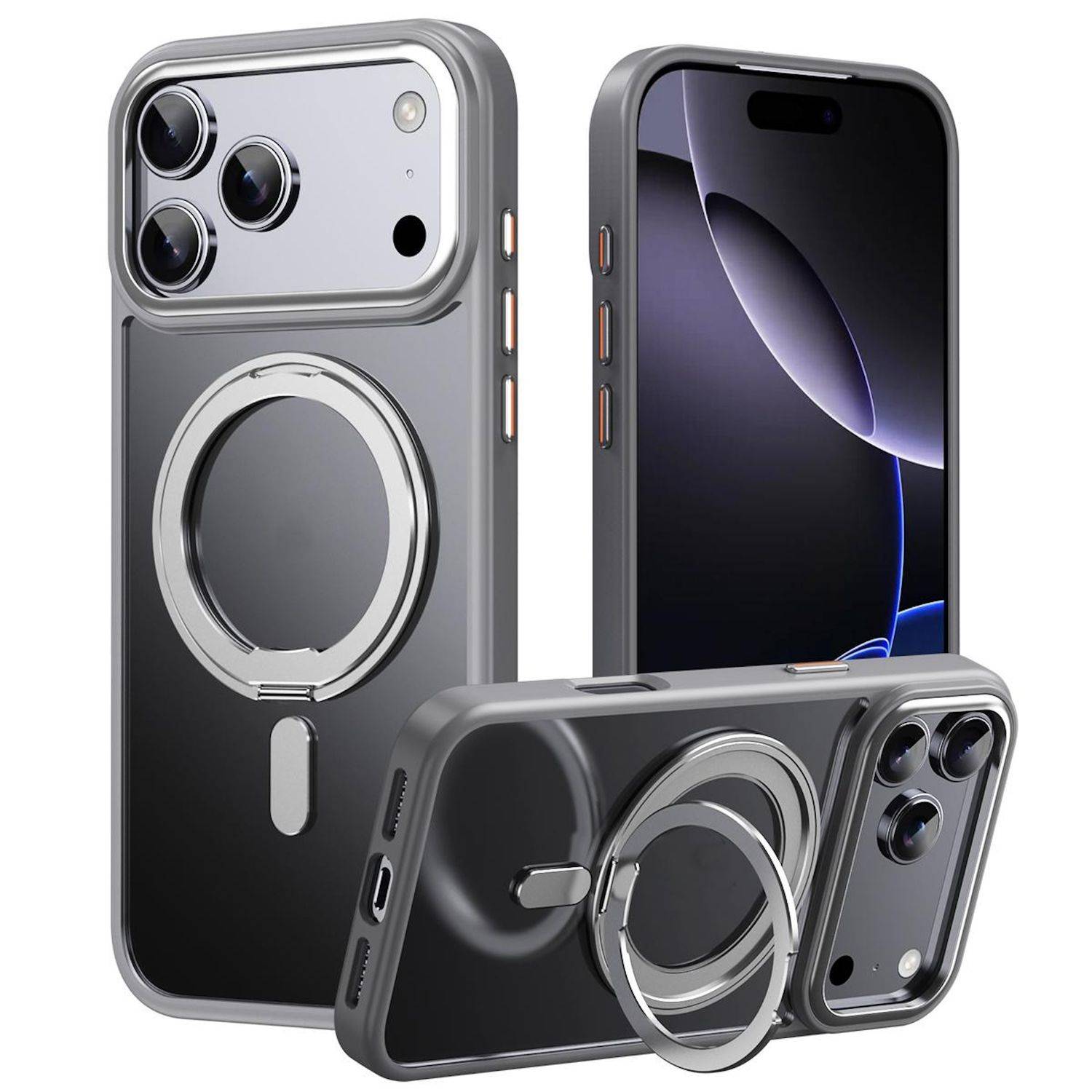 Drei Ansichten einer Smartphone-Hülle mit integriertem kreisförmigem magnetischem Ringständer, auf einem dunklen Telefon gezeigt, um den schützenden Rücken und die Kameraaussparung hervorzuheben.