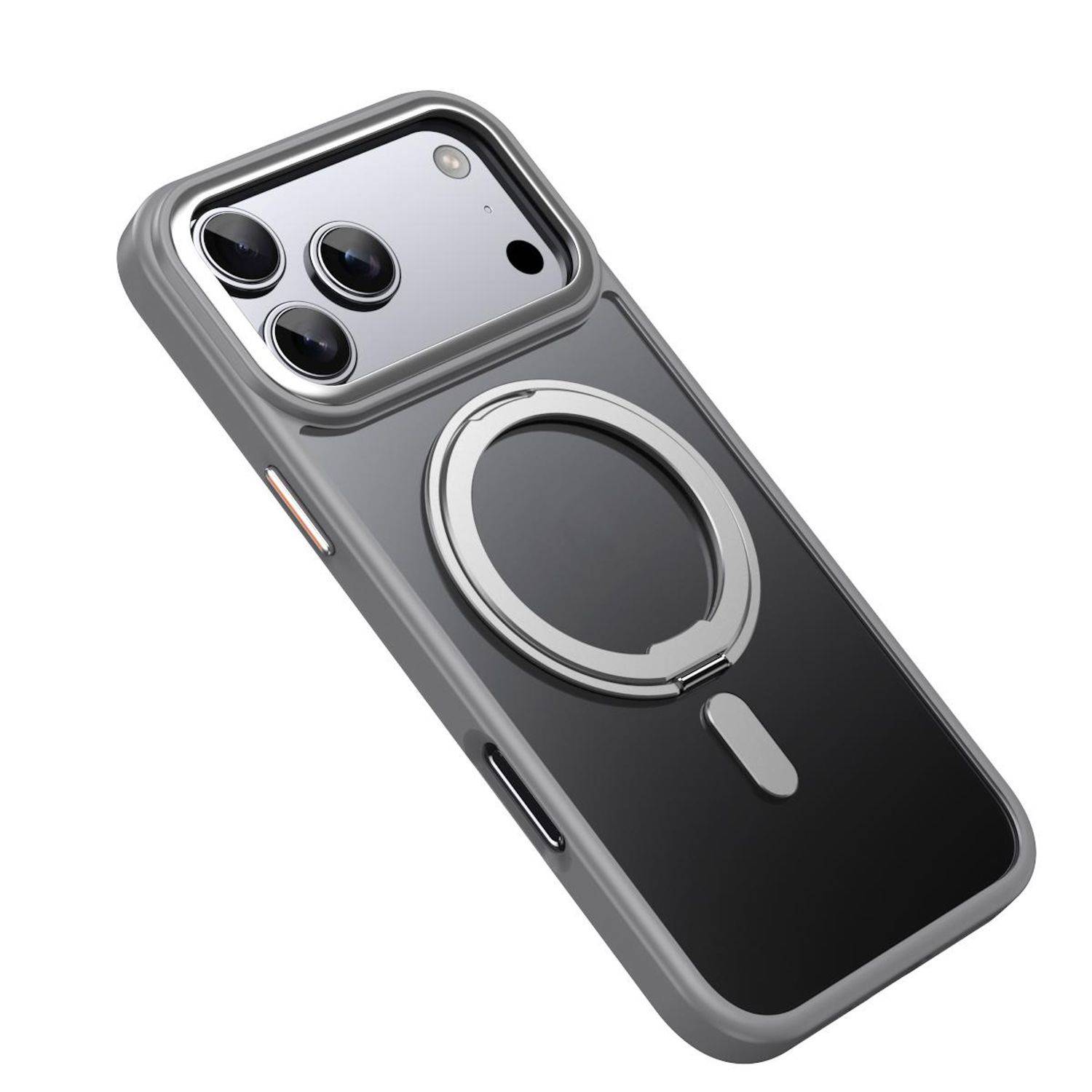 Grau-schwarzes Smartphone-Gehäuse mit dreifachem Kameraausschnitt und integriertem MagSafe-ähnlichem Ring und Ständer auf weißem Hintergrund.