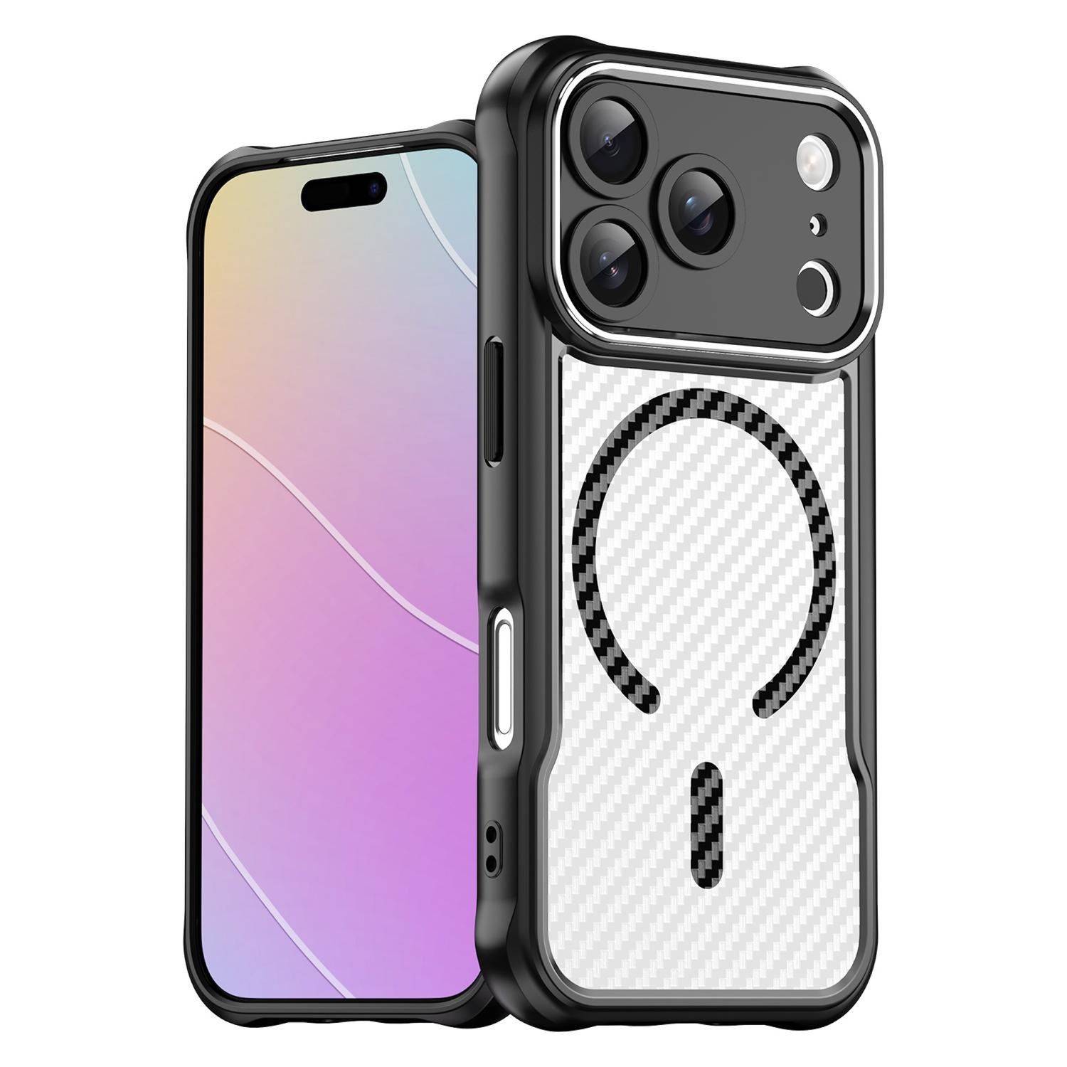 Zwei Smartphones von vorne und hinten gezeigt, wobei das hintere Telefon in einer schwarzen Schutzhülle mit großem Kameraausschnitt und MagSafe-ähnlichem Ringdesign dargestellt ist.
