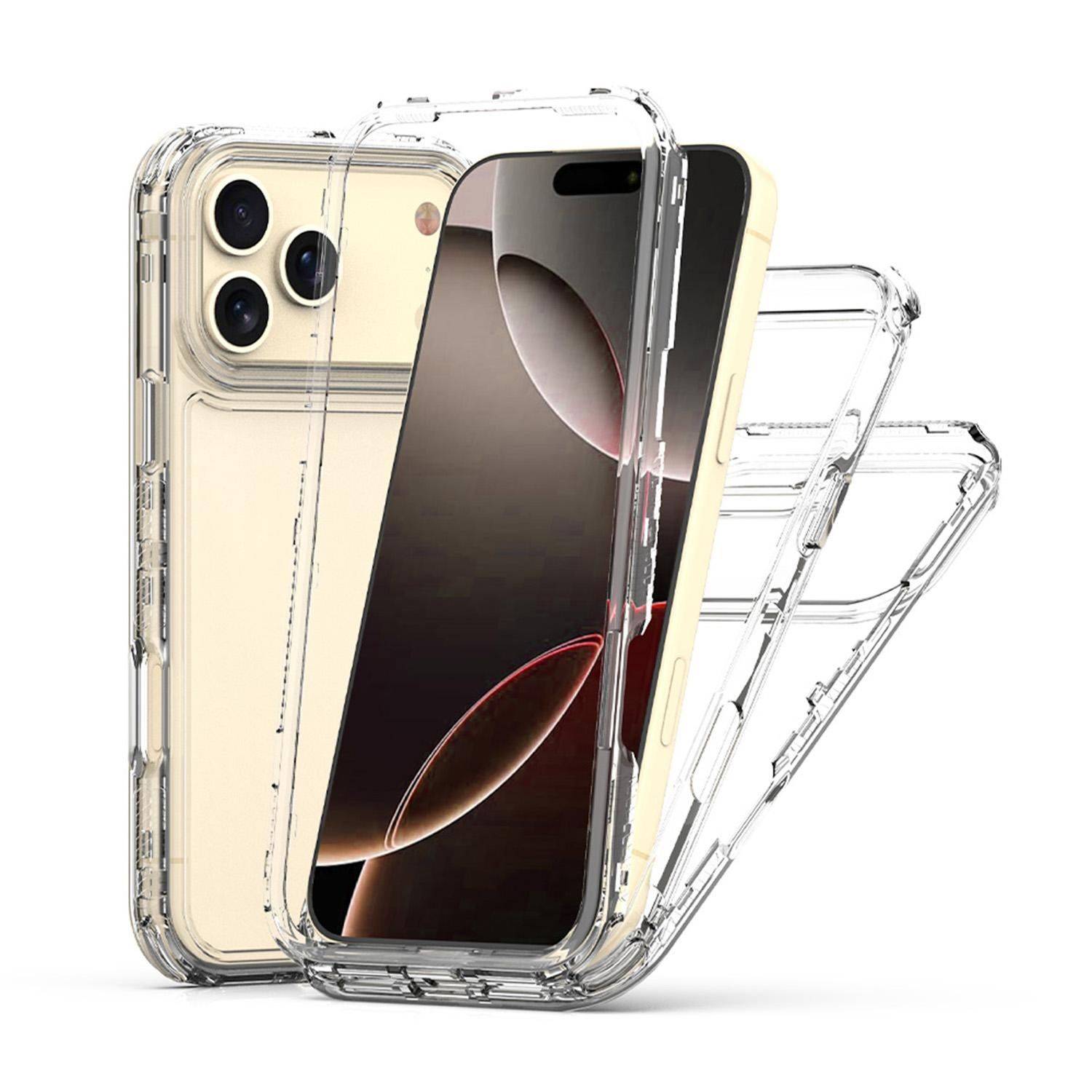 Drei klare Schutzhüllen, die mit zwei iPhones angezeigt werden, zeigen ein transparentes, stoßfängerähnliches Handyhüllen-Design.