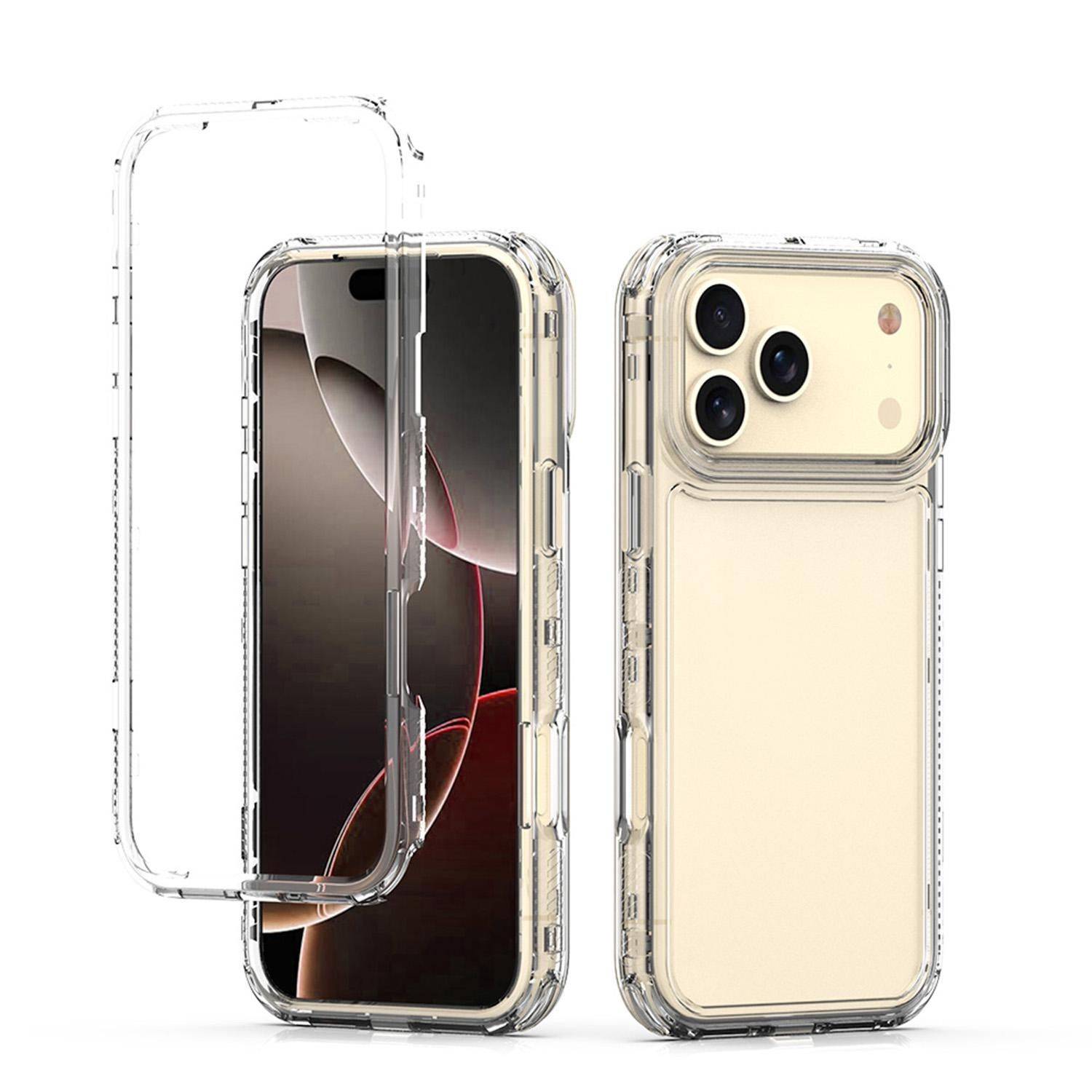 Zwei transparente Handyhüllen auf einem iPhone gezeigt: eine Vorderansicht mit sichtbarem Bildschirm, eine Rückansicht, die die Kameraaussparung hervorhebt.