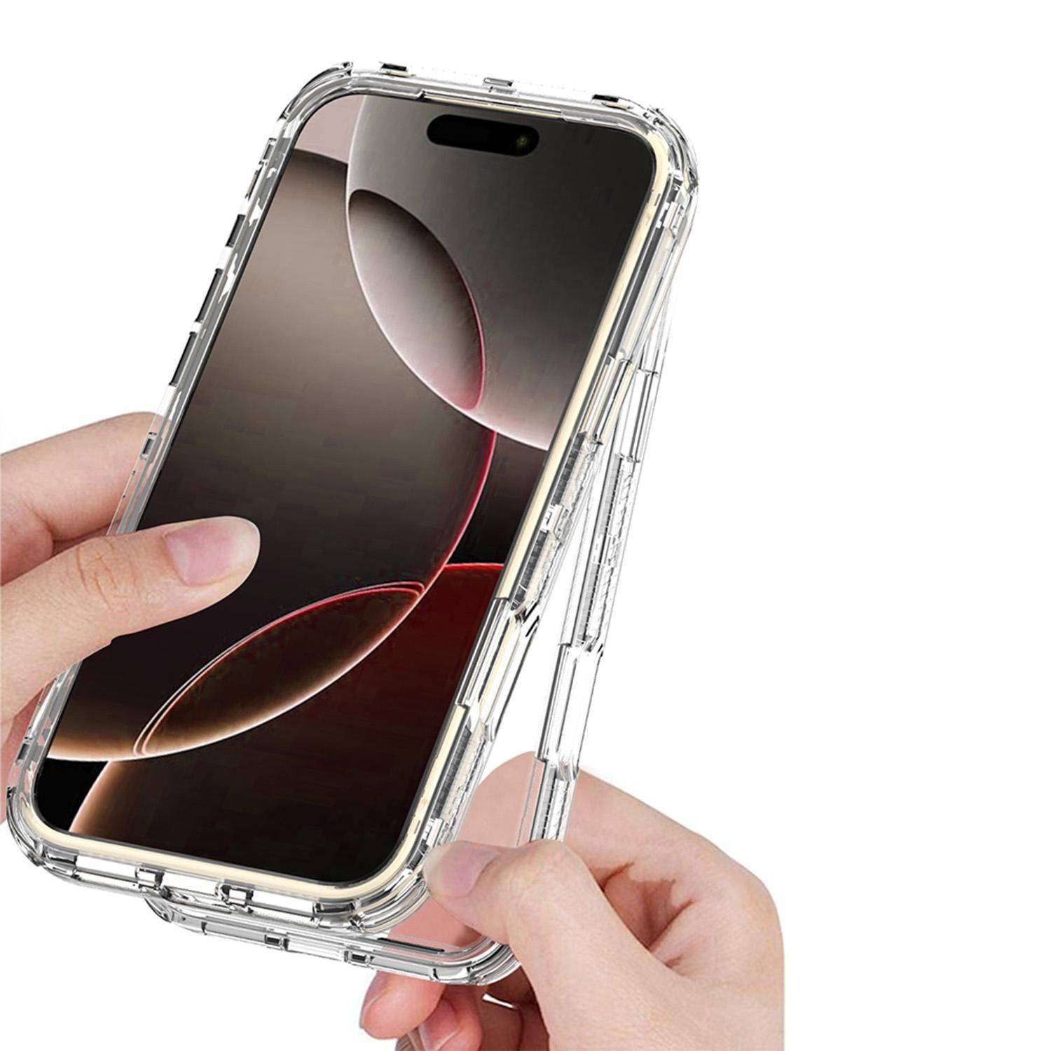 Hände öffnen eine transparente Smartphone-Hülle und zeigen, wie eine durchsichtige Schutzabdeckung um das Telefon passt.