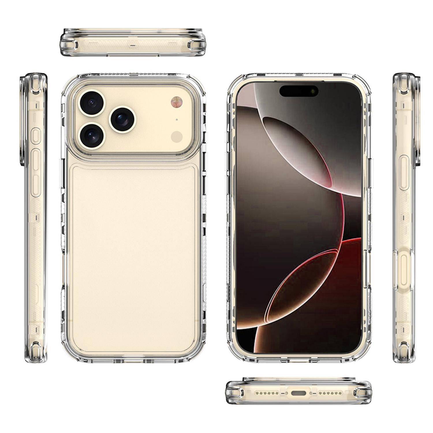 Durchsichtiges Schutzetui für Telefon, gezeigt auf einem iPhone von vorne, hinten, oben, unten und von den Seiten.