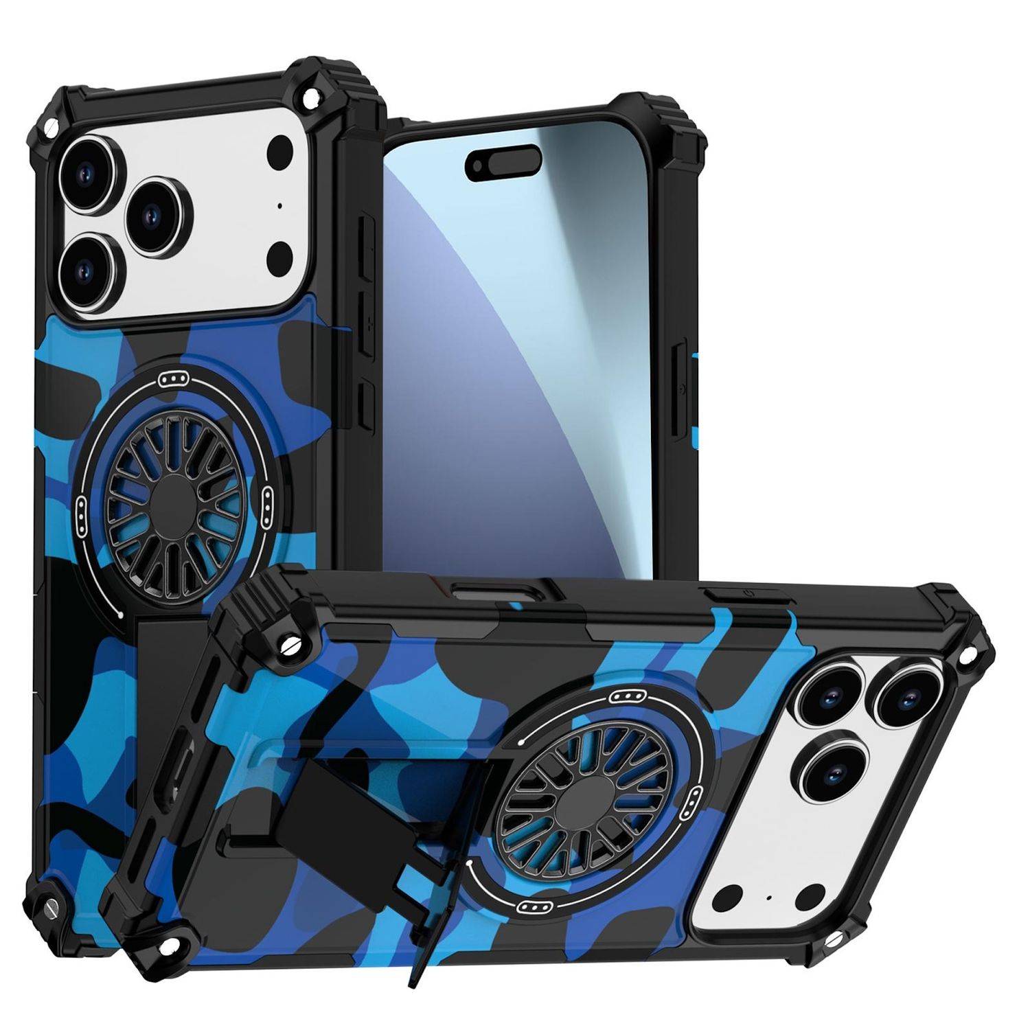 Blaue Camouflage-Schutzhüllen für robuste Smartphones mit schwarzen Ecken und eingebauten runden Ständern, dargestellt auf einem Telefon.