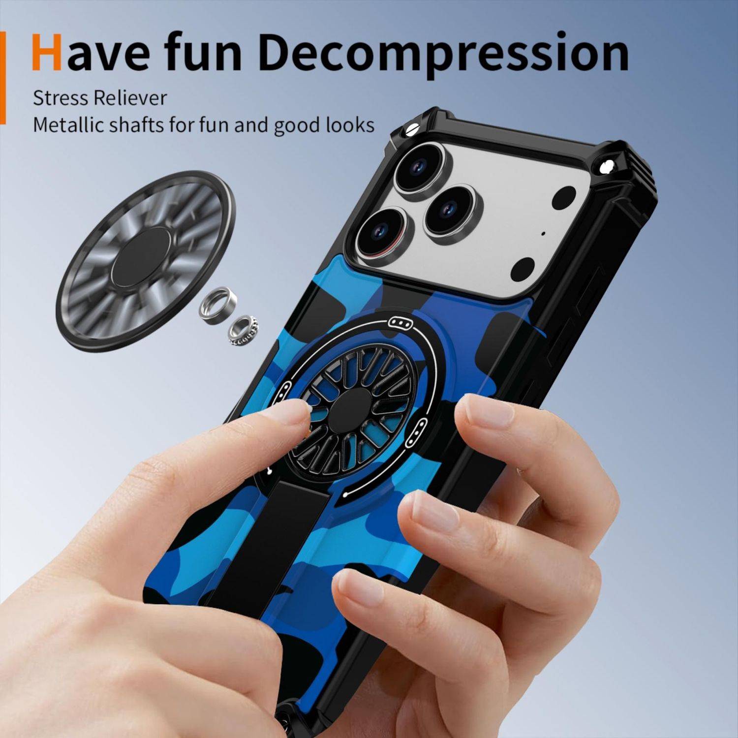 Anzeige für eine Handyhülle mit integriertem metallischem Fidget Spinner, zeigt Hände, die eine blau getarnte Hülle halten, und den Text „Viel Spaß beim Entspannen