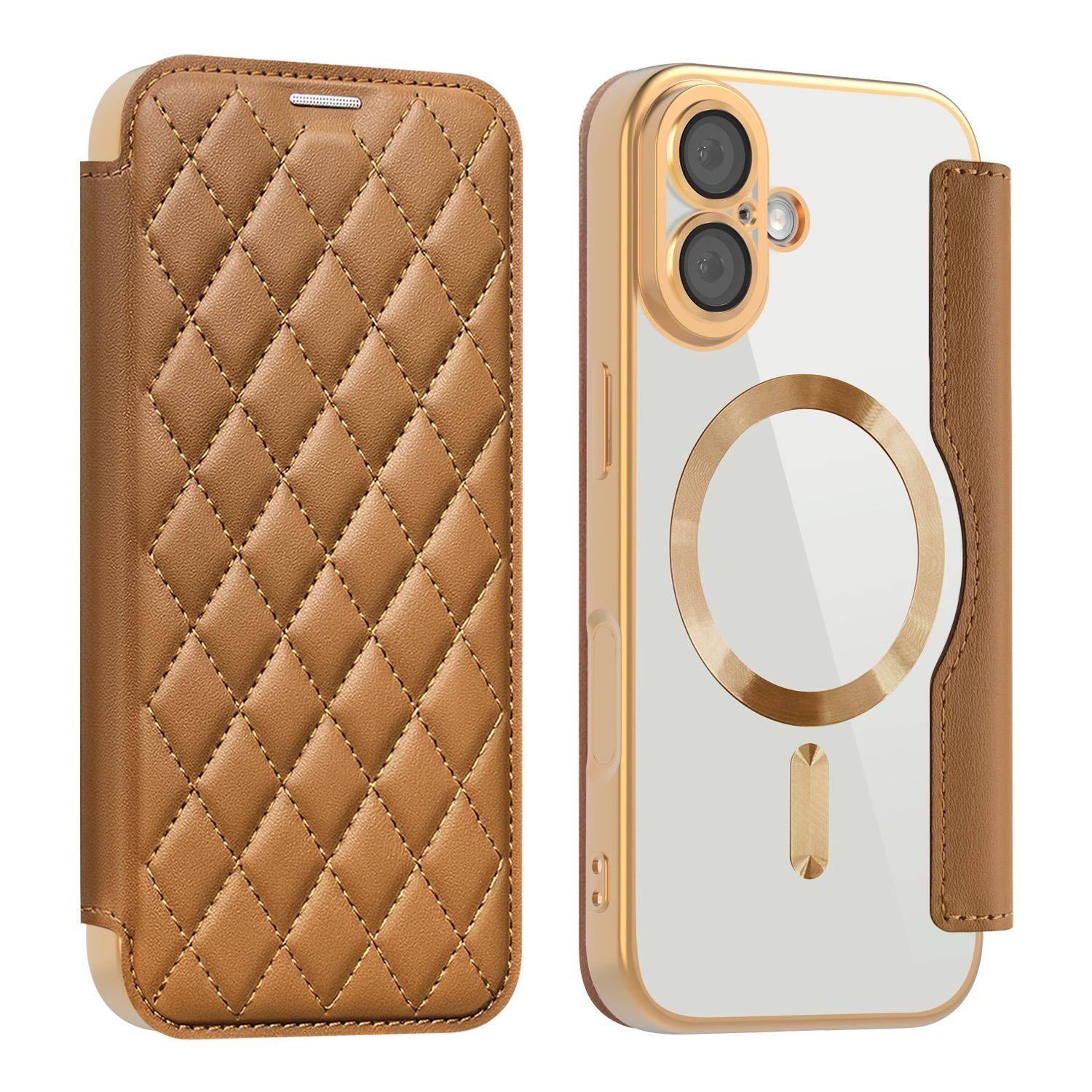 Braunes gestepptes Leder-Handyhülle mit Folio-Abdeckung und magnetischem Ringständer, von vorne und hinten auf einem Smartphone gezeigt.