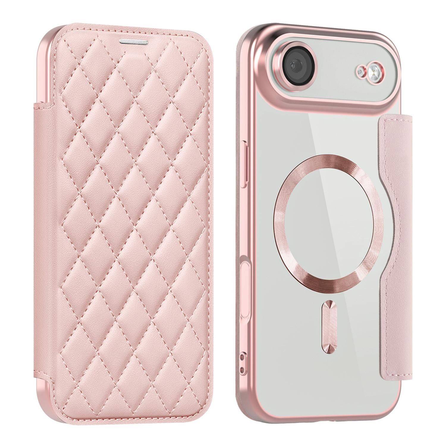 Rosa gesteppte Klapphandy-Schutzhülle von vorne und hinten gezeigt, mit roségoldenen Kanten, Kameraausschnitt und einem runden MagSafe-ähnlichen Ring.