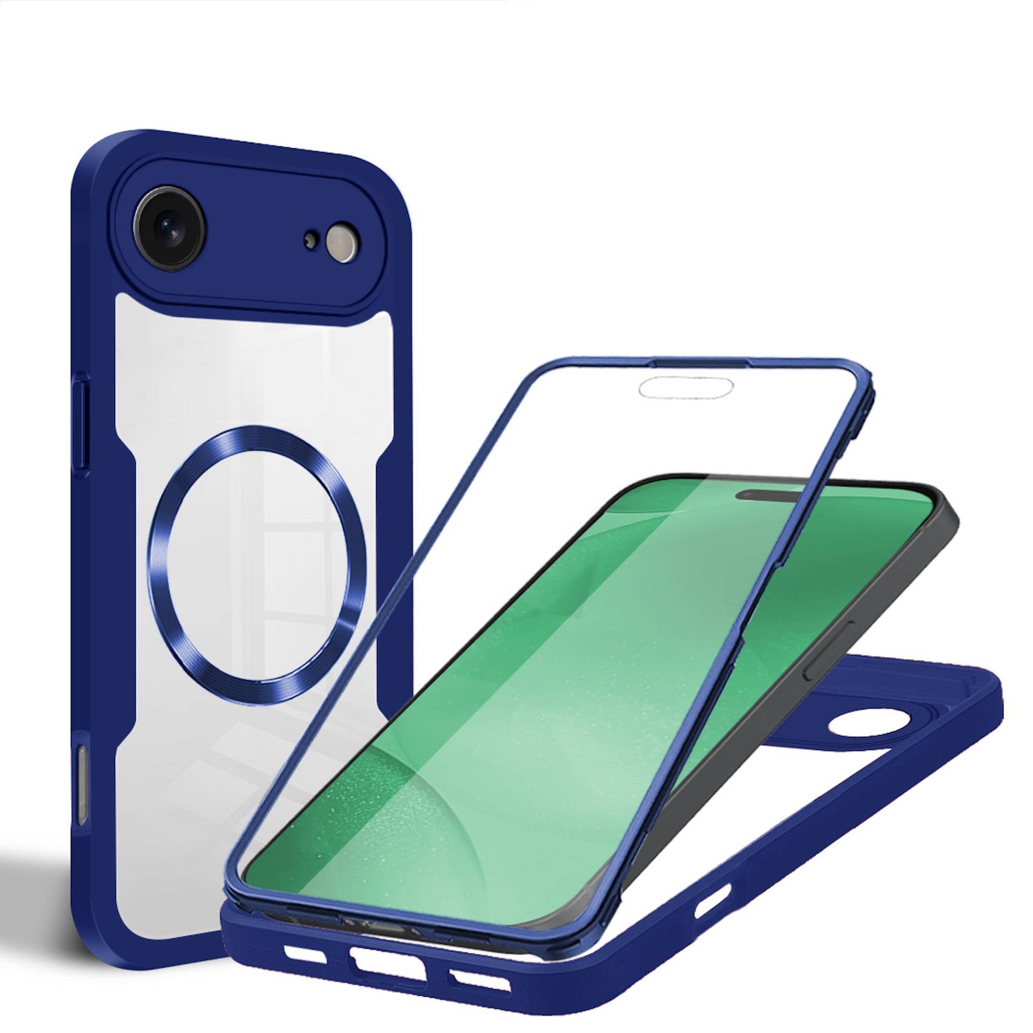 Blaue magnetische Handyhülle in drei Ansichten mit transparentem Rücken, Kameraausschnitt und integriertem Ringständer für ein Smartphone.