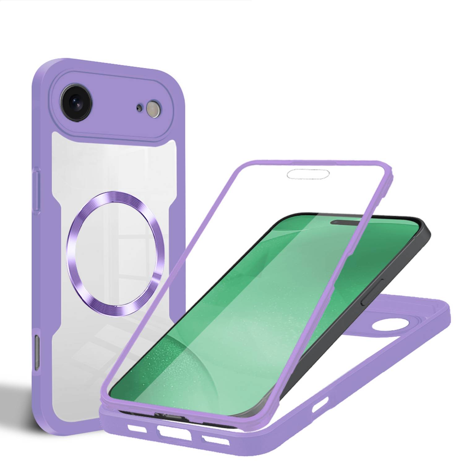 Lila Handyhülle mit integriertem Ringständer, gezeigt mit einem Smartphone und einer separaten durchsichtigen Schutzfolie, die das Design und die Passform der Hülle demonstriert.
