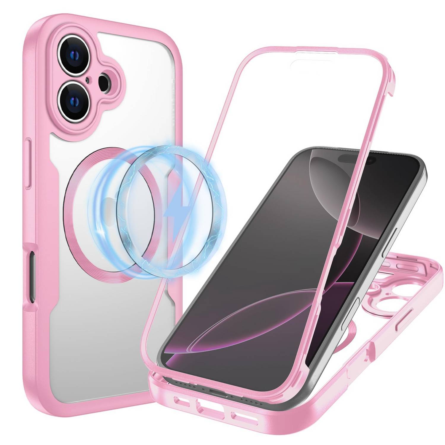 Rosa iPhone-Hülle mit transparenter Rückseite und passendem Bumper, gezeigt mit magnetischem Ring und eingesetztem Telefon, das die schützende Passform hervorhebt.
