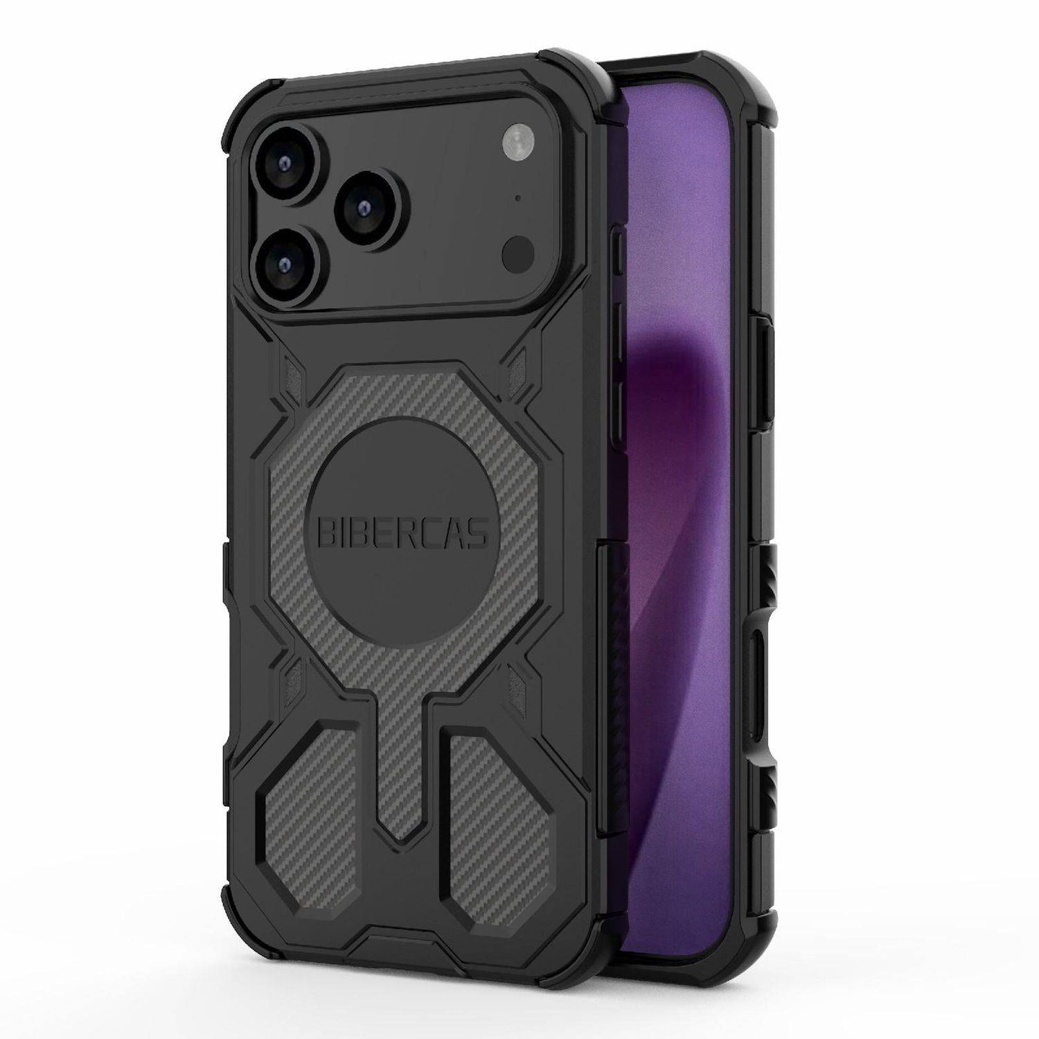 Schwarze robuste Smartphone-Schutzhülle mit erhöhtem Kameraschieber und stangenähnlichem kreisförmigem Griff, gezeigt auf einem violetten Telefon vor weißem Hintergrund.