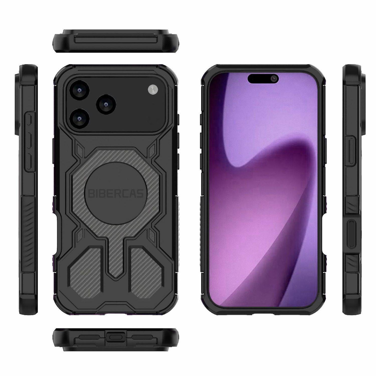 Schwarzes robustes Smartphone-Etui, das von vorne, hinten und seitlich dargestellt ist, mit verstärkten Ecken und Kameraaussparungen für ein Telefon mit violettem Bildschirm.
