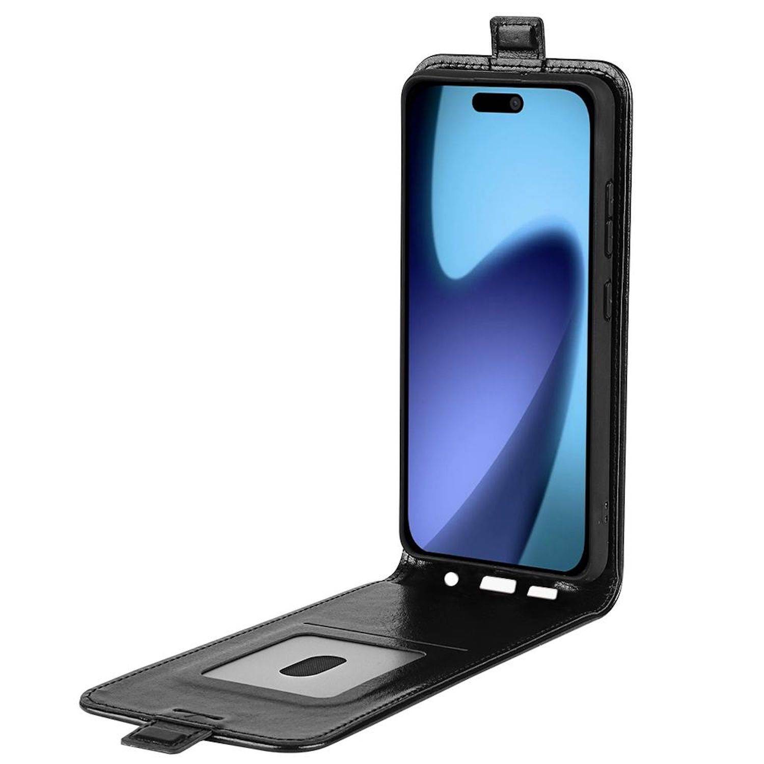 Schwarze faltbare Handyhülle offen gezeigt, mit einem Smartphone im Inneren und einem Kartensteckplatz auf der Innenseite der Klappe.
