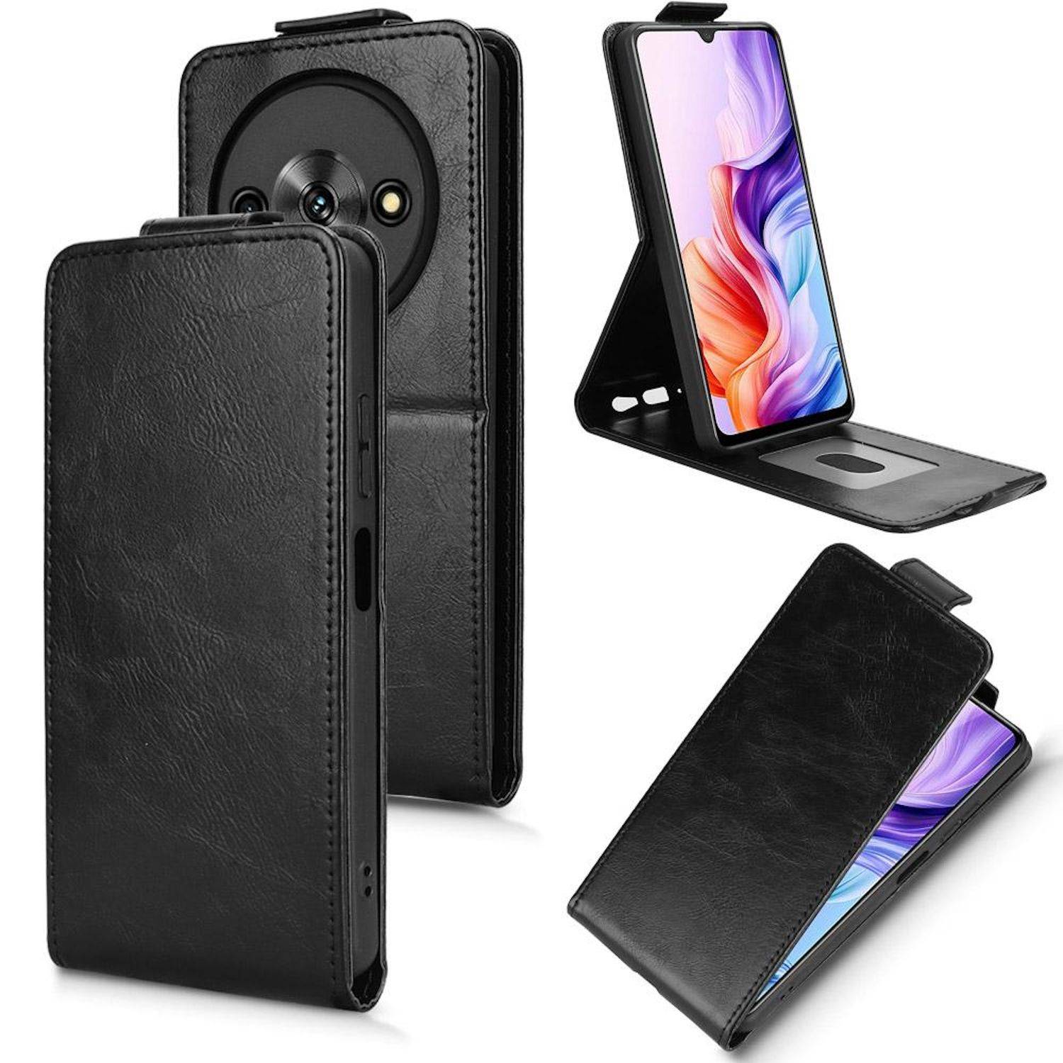 Schwarze Leder-Handyhülle mit Klappdeckel, geschlossen und geöffnet als Ständer für ein Smartphone dargestellt.