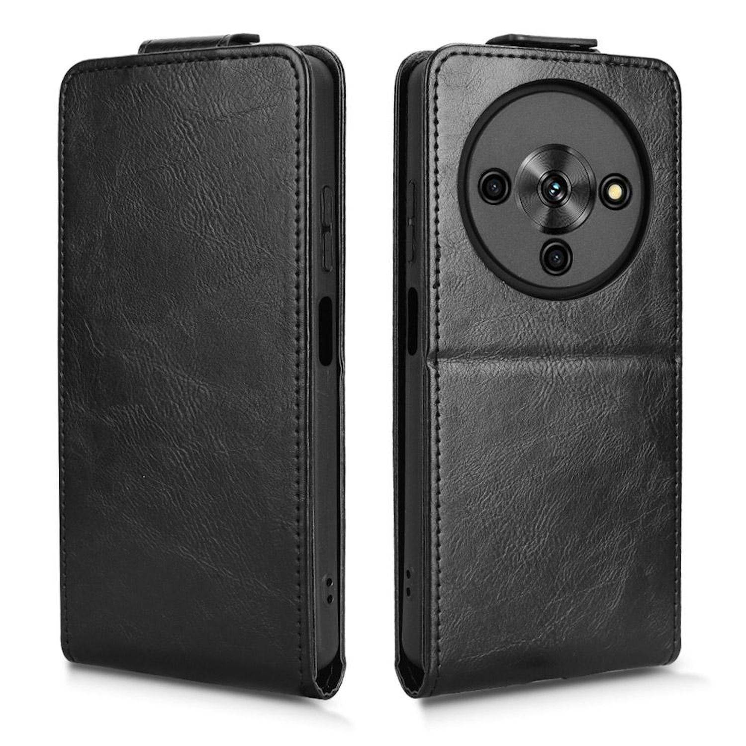 Schwarze Ledertelefonhülle von vorne und hinten gezeigt, mit ausgeschnittenem rundem Rückdach-Kameraausschnitt und Kartenbrieftasche-Stil-Abdeckung.