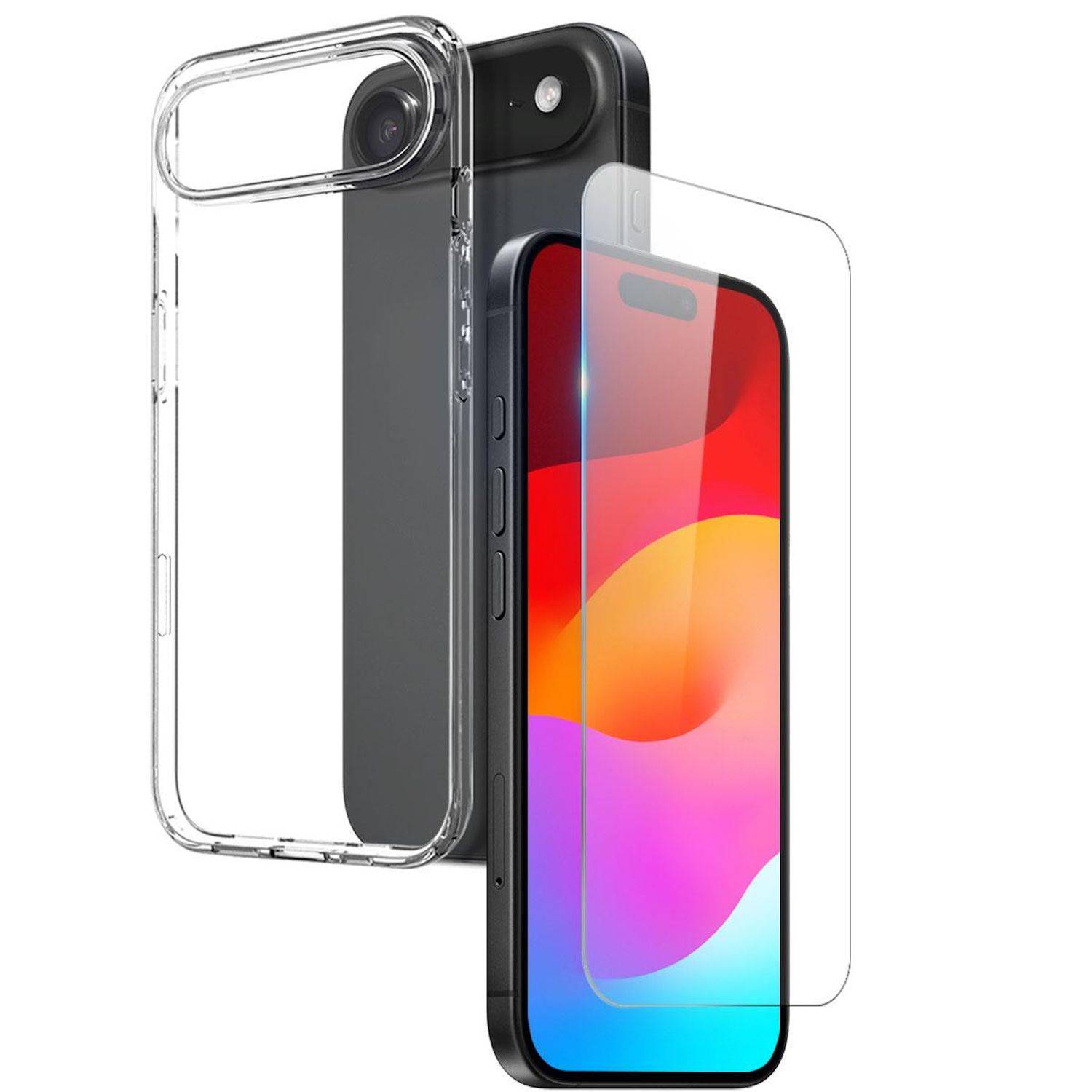 Schwarzes Smartphone, das mit einer transparenten Schutzhülle und einem separaten Displayschutz gezeigt wird, hebt den Schutz des Telefons und die perfekte Passform hervor.
