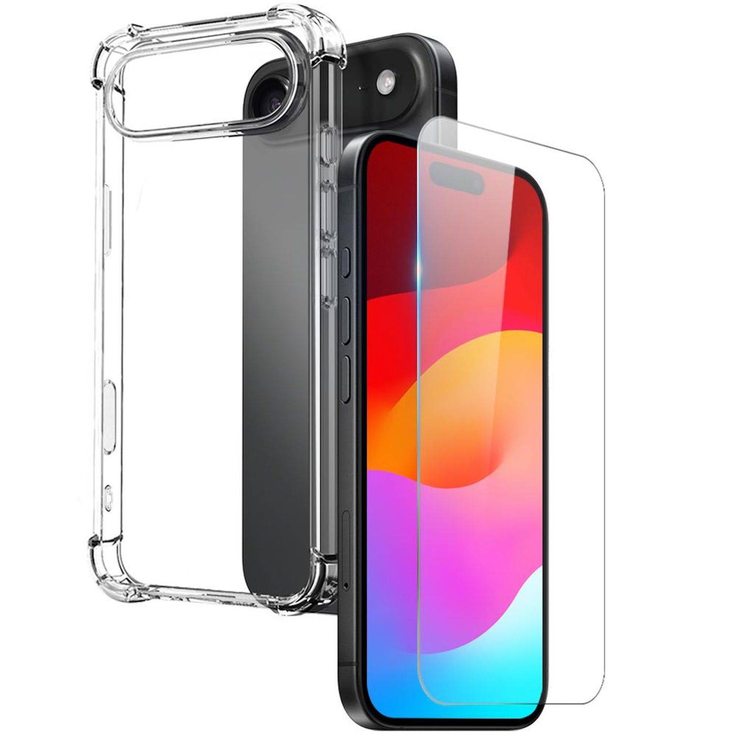 Smartphone mit einer durchsichtigen Schutzhülle und einer transparenten Displayschutzfolie, die Telefon-Schutzausrüstungen hervorhebt.