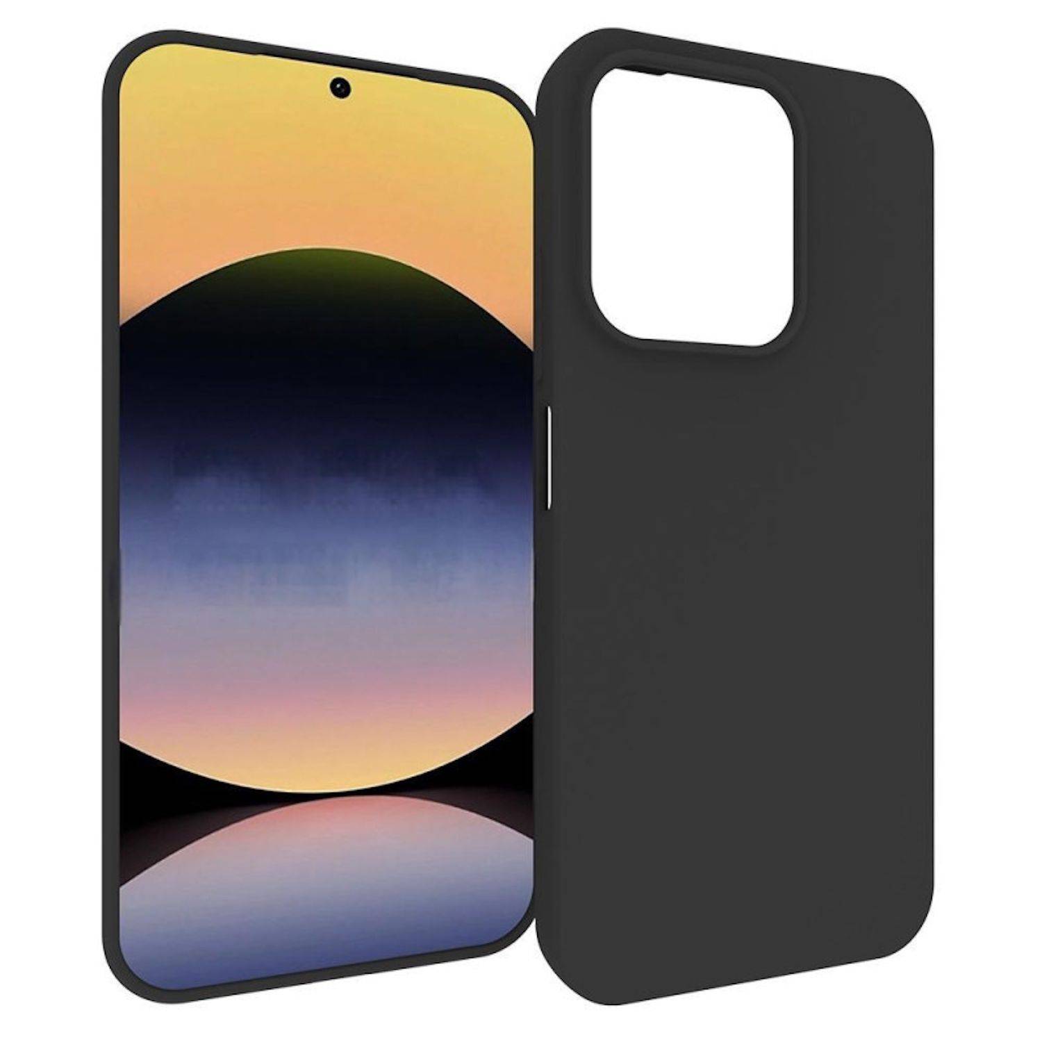 Smartphone mit schwarzem Schutzcase daneben abgebildet, zeigt den Bildschirm des Telefons und die Kameraaussparung.