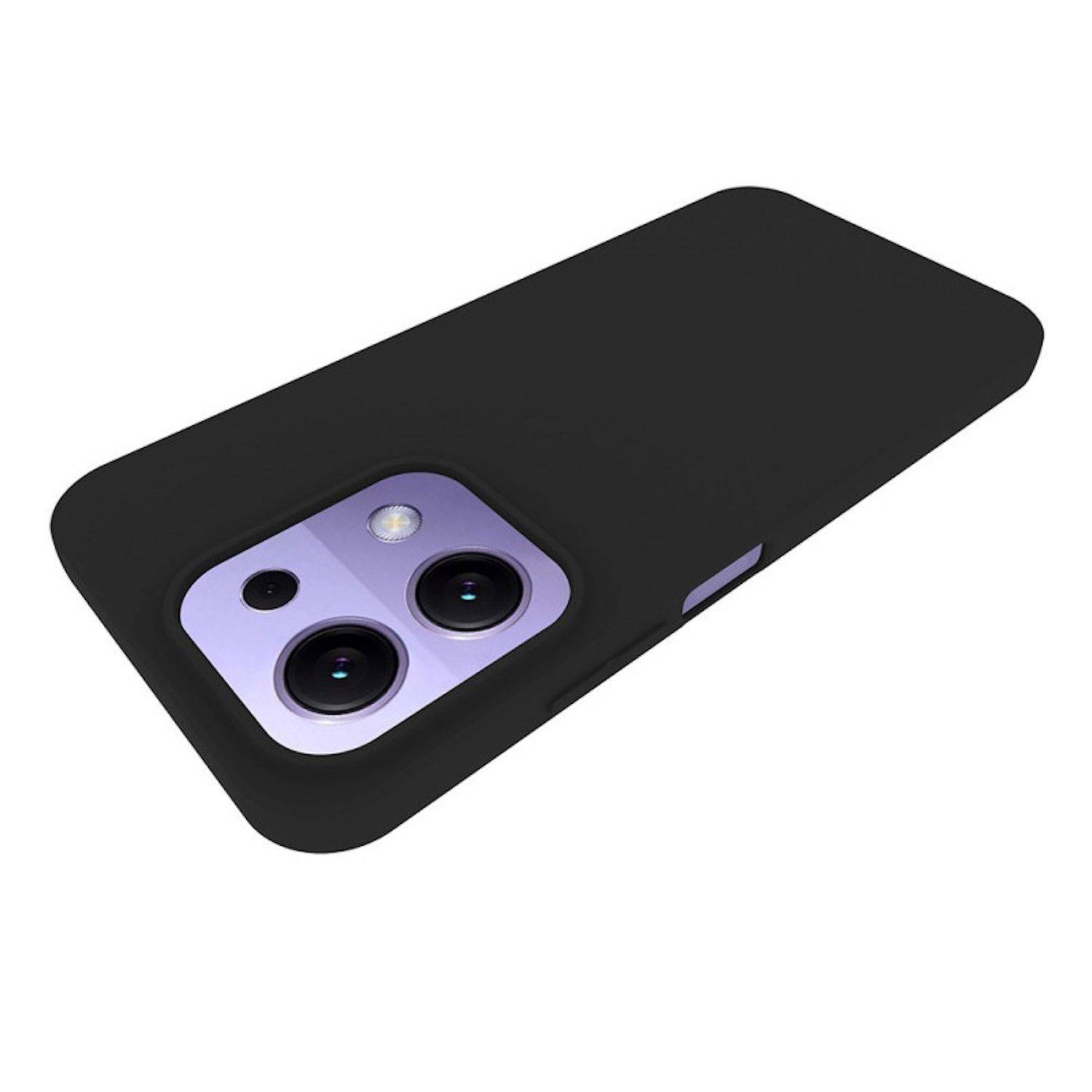 Schwarze Smartphone-Schutzhülle mit erhöbenem Kameraausschnitt, von hinten gegen weißen Hintergrund gezeigt.