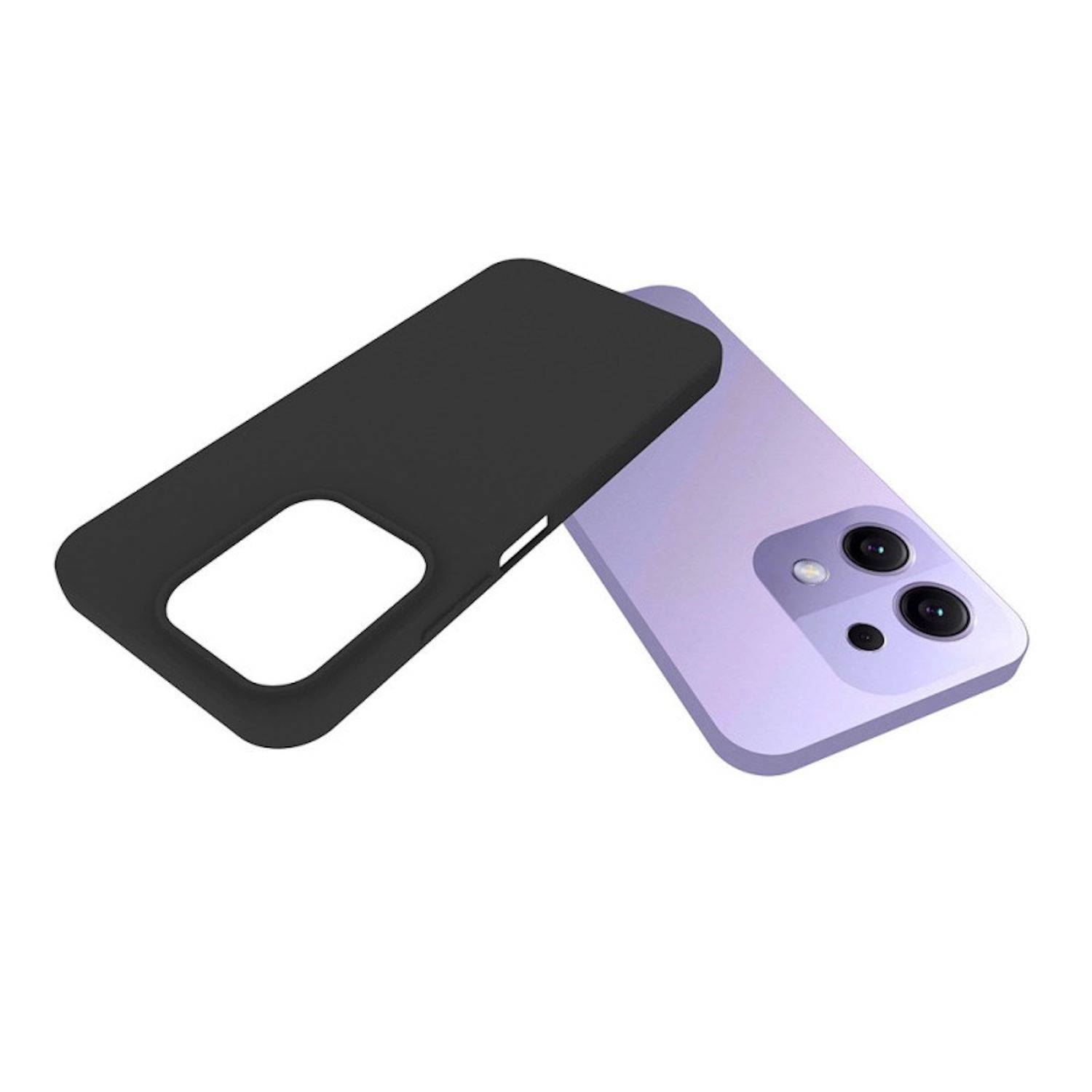 Schwarze Handyhülle, die ein Lavendel-Smartphone mit erhöbenem Dual-Kamera-Modul auf weißem Hintergrund teilweise abdeckt.