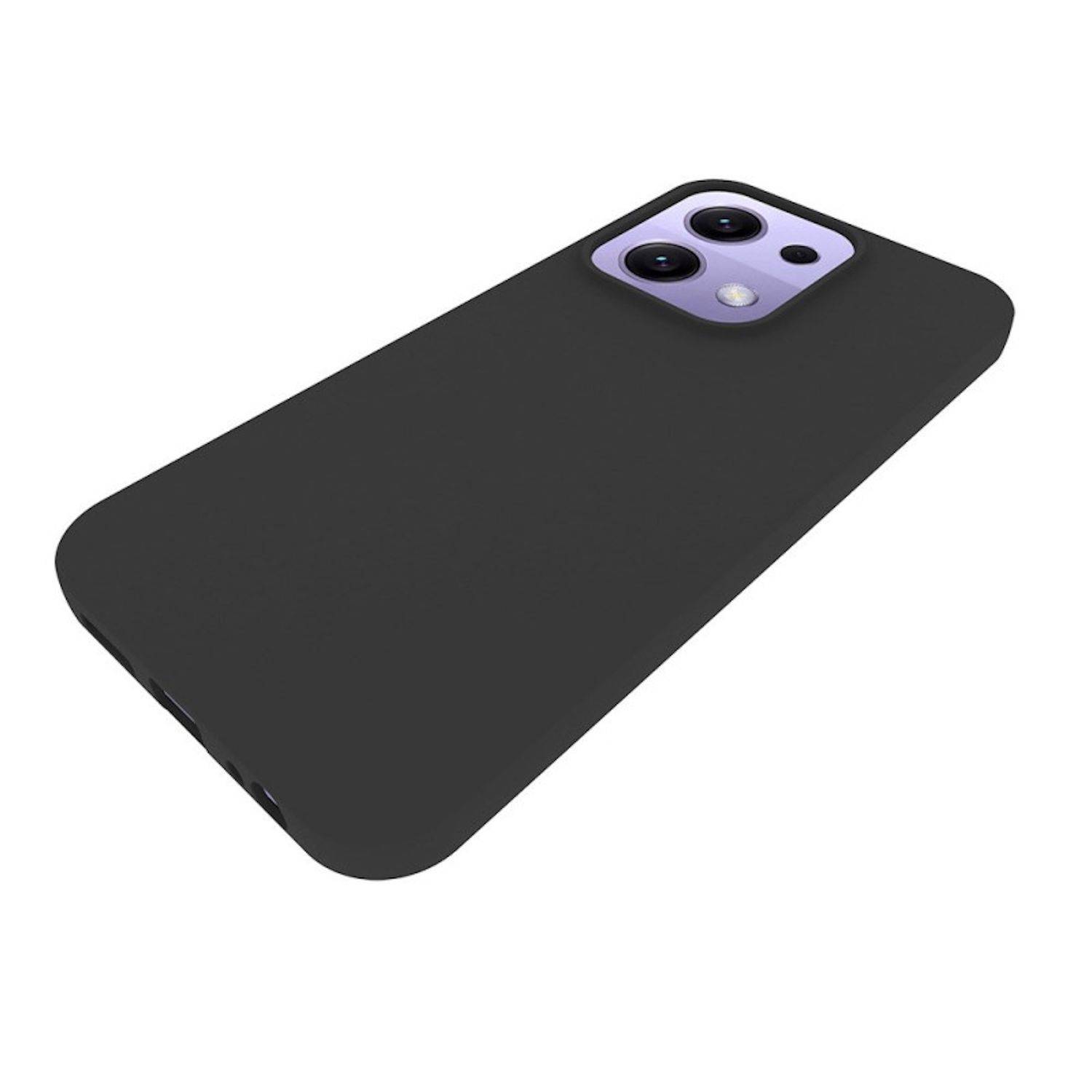 Schwarze Smartphone-Hülle mit einer Aussparung, die die violette Dreifach-Kamera-Rückseite des Telefons zeigt.