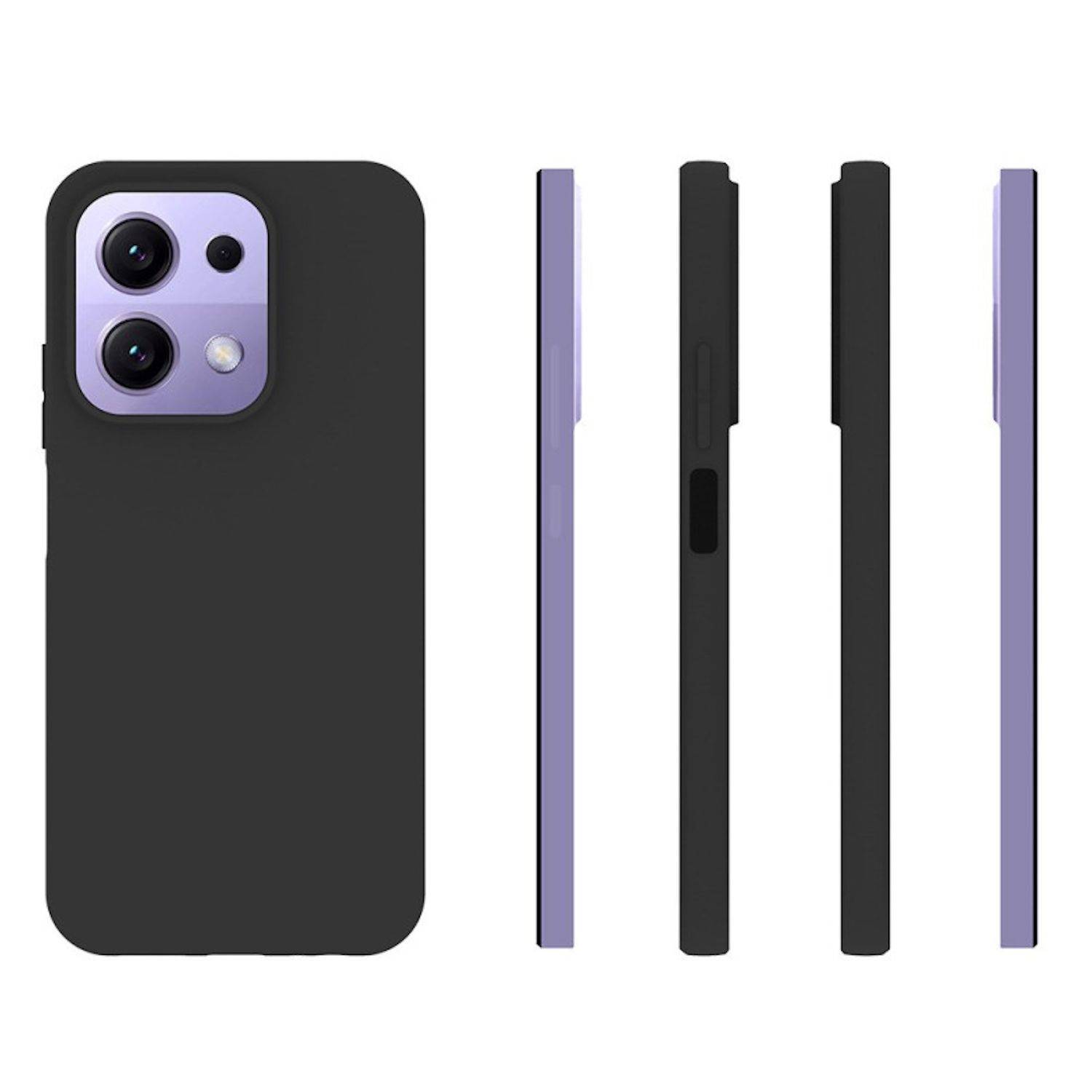 Schwarze Smartphone-Hülle mit violettem Kameraausschnitt, gezeigt in Vorder- und Seitenansicht, um das schlanke Profil und den erhöhten Kamerachutz zu zeigen.
