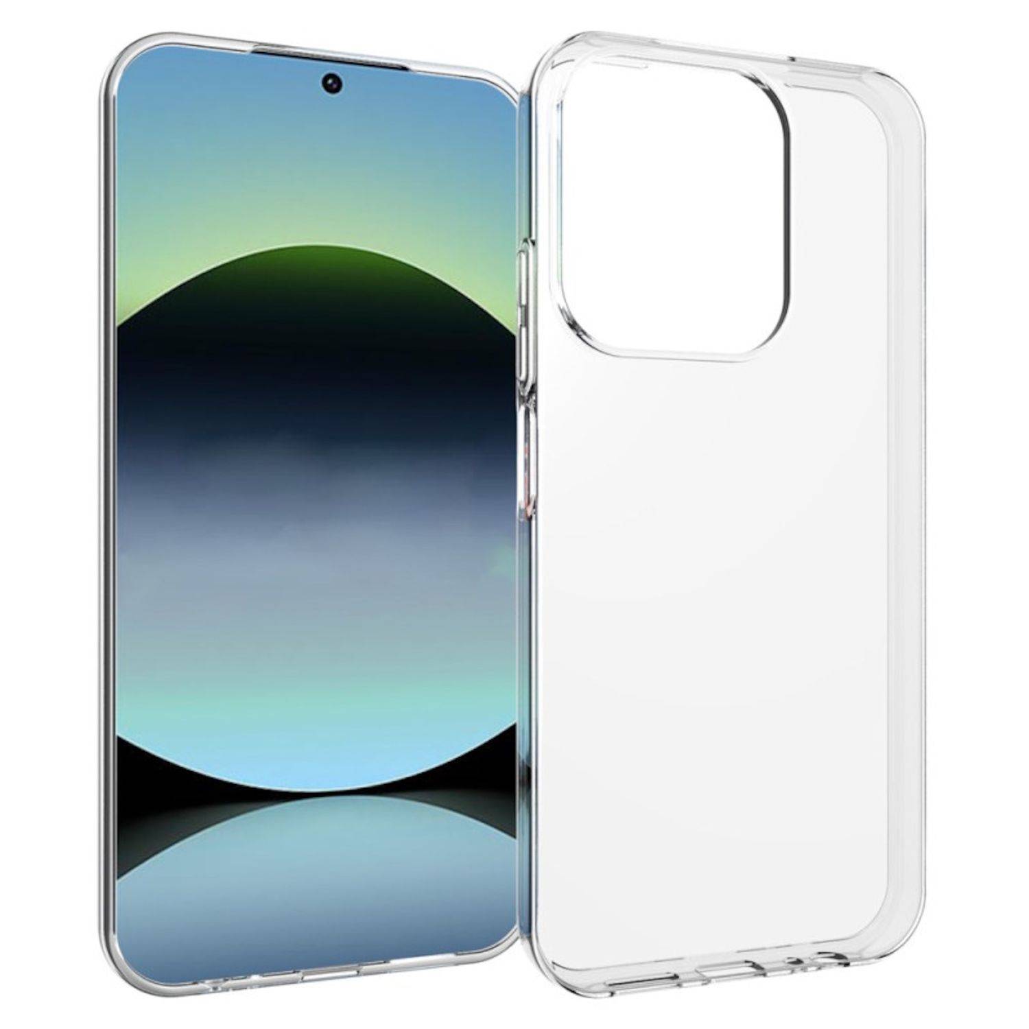 Durchsichtige Schutzhülle für Smartphones neben einem Smartphone, die den Kameraausschnitt und das transparente Design der Hülle hervorhebt.