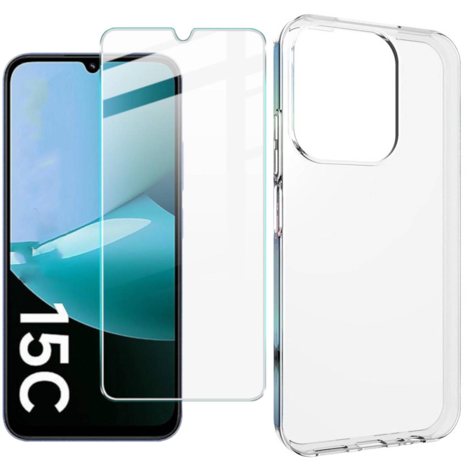 Durchsichtige Displayschutzfolie und transparente Handyhülle werden zusammen mit einem Smartphone gezeigt, was auf Schutzvorrichtungen für das Gerät hinweist.