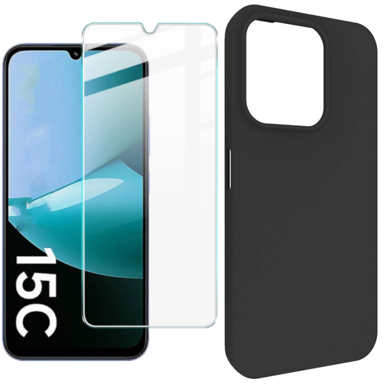 Smartphone mit Displayschutzfolie und schwarzer Schutzhülle daneben abgebildet, mit einer Aussparung für die rückwärtige Kamera.