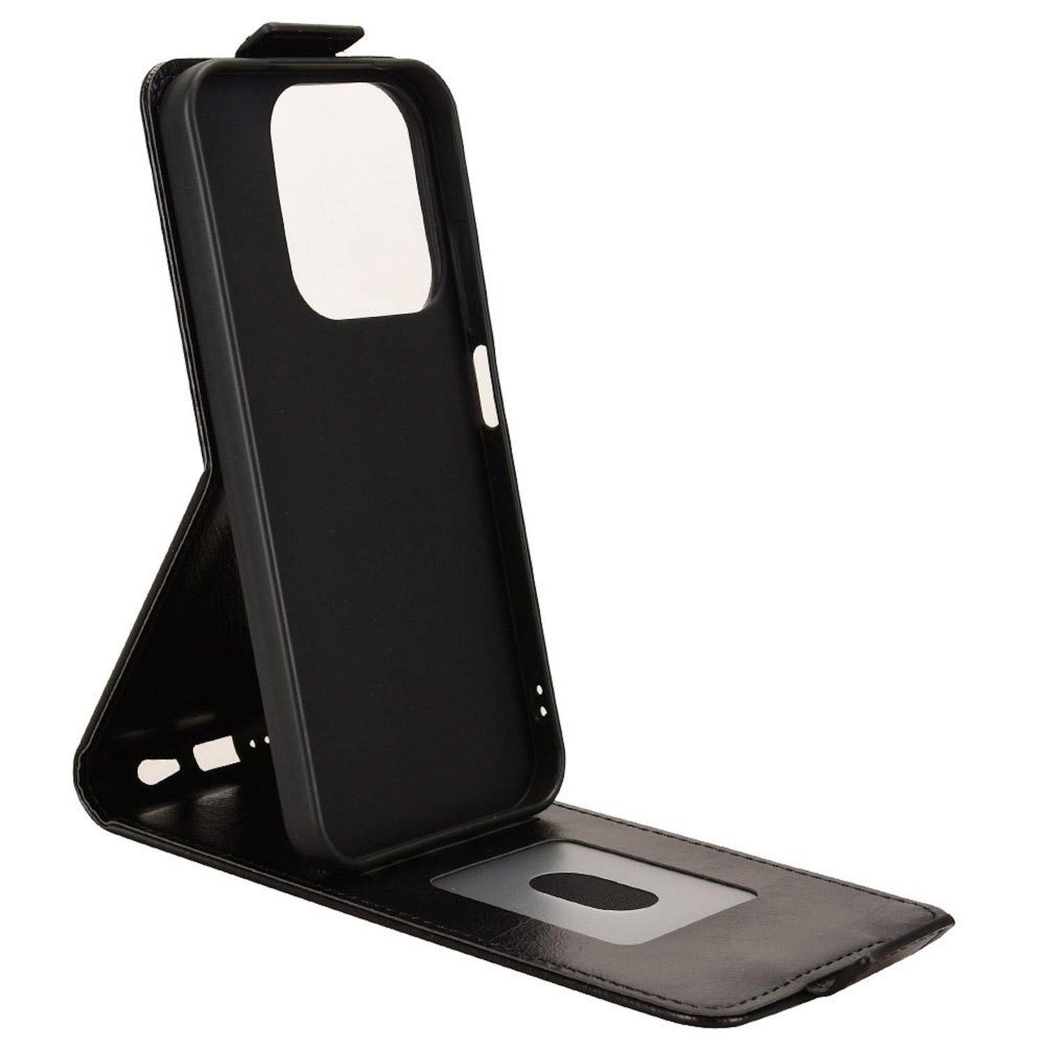 Schwarzes Klapphandyhülle-Etui, geöffnet dargestellt, mit integriertem Ständer und Kameraausschnitt.