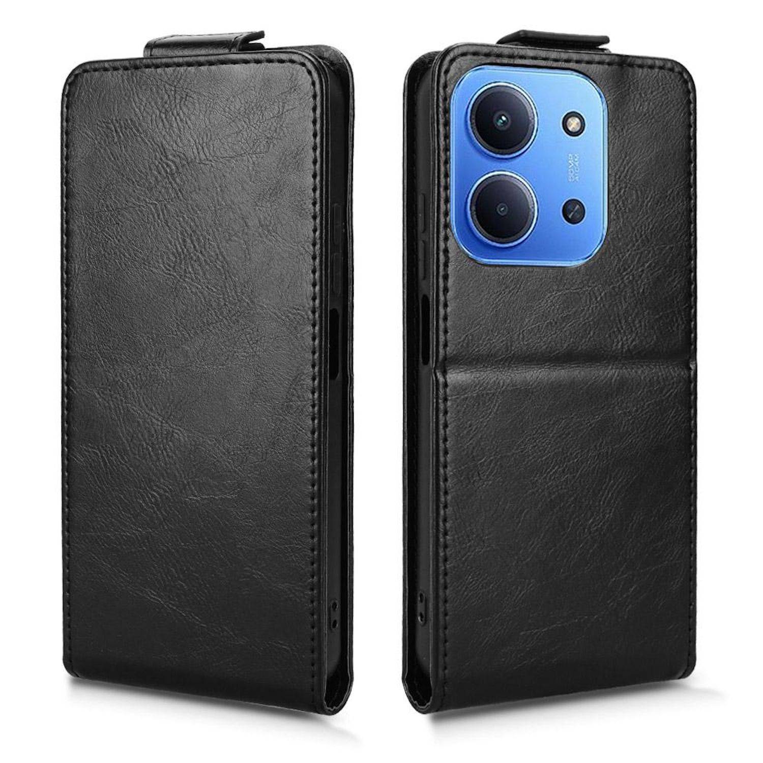 Schwarze Ledertelefongeldbörse, von vorne und von hinten gezeigt, mit Kartensteckplatz und Aussparung für Dual-Kamera-Telefon auf der Rückseite.