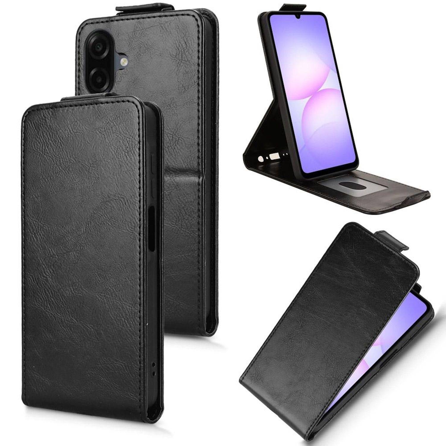 Schwarzes Leder-Stil-Folio-Handyhülle, gezeigt geschlossen und offen als Ständer, mit Kameraausschnitten und magnetischem Klappersverschluss.