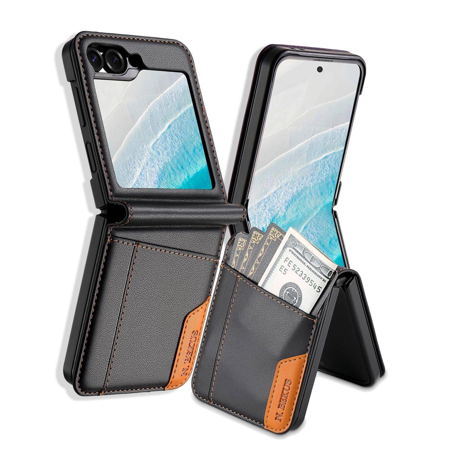 Zwei aufklappbare Smartphone-Geldbörsen/Etuis, offen angezeigt, mit Kartenfächern, Bargeldfächern und ein Etui mit einem Smartphoneschirm.