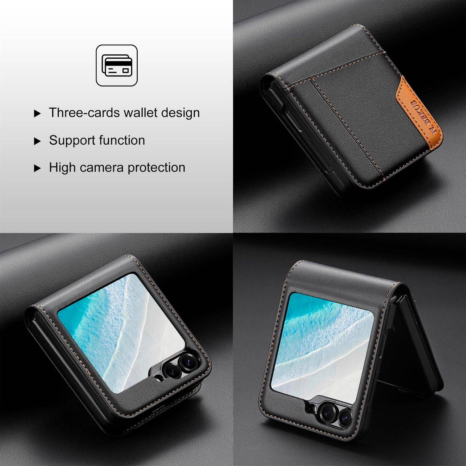 Faltbares Smartphone-Etui mit Dreikarten-Geldbörse, Ständerfunktion und erhöhtem Kamereschutz, abgebildet in Schwarz mit orangefarbenem Akzent.